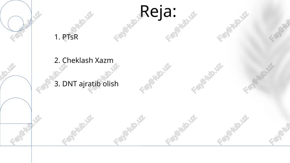 tahlil qilish, manipulyatsiya qilish yoki saqlash uchun hujayralardan dnkni ajratib olish. 10. gel elektroforezi dnt ajratib olish: hujayralardan dntni keyingi tahlil uchun ajratib oladi. pcr & restriksiyon xazm: pcr ma'lum dnk ketma-ketliklarini ko'paytiradi, restriksiyon xazm esa dnkni ma'lum joylardan kesib tashlaydi. 11.pcr komponentlari pcr va restriksiya xazm: ko'paytirish, ferment bilan bo'linish dnt ajratib olish: lizis, tozalash, cho'ktirish 12.cheklovchi fermentlar asoslari dnt ajratish hujayralardan dntni ajratib oladi. pcr muayyan dnk hududlarini ko'paytiradi va restriksiya kesish ularni fragmentlarga ajratadi. e'tiboringiz uchun rahmat @taqdimot_robot image1.png image2.jpg image3.jpg image4.jpg image5.jpg image6.jpg image7.jpg image8.jpg image9.jpg image10.jpg image11.jpg image12.jpg image13.jpg
