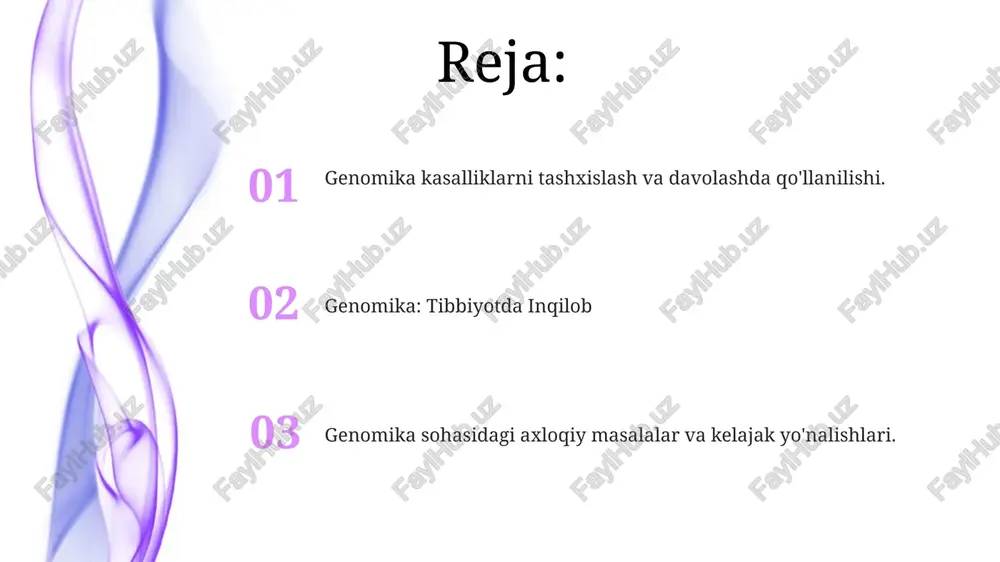 , moslashtirilgan sog'liqni saqlash yondashuvlarini taklif etadi. infektsiya kasalliklarida genomika genomika shaxsiylashtirilgan davolash va vaktsinalarning rivojlanishiga yordam beradi. genomika tez pathogen aniqlash va tavsiflashga imkon beradi. genomika kelajagi tibbiyotda shaxsiylashtirilgan tibbiyot, har bir insonning genetik profiliga moslashtirilgan. yangi davolash usullari va gen tahrirlash texnologiyalarini ishlab chiqish. genomika: kirish genomika taraqqiyoti tibbiyotni inqilob qilmoqda, bu esa shaxsiylashtirilgan tibbiyot, kasalliklarni tashxislash va dorilarni ishlab chiqish imkonini beradi. genomika organizmning to'liq dnk to'plamini, shu jumladan genlarni va ularning o'zaro ta'sirini o'rganishdir. mikroorganizmlar genomikasi va mikrobiom 01 02 mikrobiologik genomika mikroblarning genetik tuzilishini o'rganib, ularning funktsiyalari va tibbiyotda qo'llanish imkoniyatlarini ochib beradi. genomika sohasidagi taraqqiyot mikrob xilma-xilligini, evolyutsiyasini va o'zaro ta'sirini tushunishda inqilob qildi, bu esa tibbiyotda innovatsion diagnostika va terapevtik strategiyasiga olib keldi. sales 1st qtr 2nd qtr 100 0 sales 1st qtr 2nd qtr 100 0 e'tiboringiz uchun rahmat @taqdimot_robot image4.jpg image5.jpg image6.jpg image7.jpg image8.jpg image9.jpg image10.jpg image11.jpg image12.jpg image13.jpg image14.jpg image15.jpg …