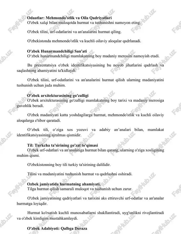 un juda muhim. o'zbek arxitekturasining go'zalligi o'zbek arxitekturasining go'zalligi mamlakatning boy tarixi va madaniy merosiga guvohlik beradi. o'zbek madaniyati katta yoshdagilarga hurmat, mehmondo'stlik va kuchli oilaviy aloqalarga e'tibor qaratadi. oʻzbek tili, oʻziga xos yozuvi va adabiy anʼanalari bilan, mamlakat identifikatsiyasining ajralmas qismidir. til: turkcha ta'sirining go'zal to'qimasi o'zbek urf-odatlari va an'analariga hurmat bilan qarang, ularning o'ziga xosligining muhim qismi. o'zbekistonning boy tili turkiy ta'sirining dalilidir. tilini va madaniyatini tushunish hurmat va qadrlashni oshiradi. ozbek jamiyatida hurmatning ahamiyati. tilga hurmat qilish samarali muloqot va tushunish uchun zarur. o'zbek jamiyatining qadriyatlari va tarixini aks ettiruvchi urf-odatlar va an'analar hurmatga loyiqdir. hurmat ko'rsatish kuchli munosabatlarni shakllantiradi, uyg'unlikni rivojlantiradi va o'zbek kimligini mustahkamlaydi. o'zbek adabiyoti: qalbga deraza o'zbek adabiyoti haqida tushuncha olish ularning noyob madaniy identifikatsiyasiga hurmat va qadrlashni oshiradi. o'zbek adabiyoti o'zbekistonning boy madaniy merosiga aks etadi. uzbek xalqining qadriyatlari, e'tiqodlari va an'analarini namoyish etadi. an'analar: o'zbek madaniyatining boy tarixi o'zbek tili, urf-odatlari …