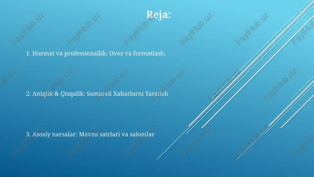 obi: tez javob bering, mos tilni ishlating va qabul qiluvchining vaqtini hurmat qiling. elektron pochta muloqoti odobi: professionallikni saqlang, chegaralarga hurmat qiling va aniq muloqotni ustuvor qiling. mavzular va salomlar please provide the text you want me to translate to uzbek in latin letters. i'll use a professional greeting and provide a short answer. 😊 mavzu qatorlarini qisqa va tegishli qilib yozing. yuborishdan oldin diqqat bilan tekshiring. iltimos, menga tarjima qilmoqchi bo'lgan matningizni bering. matnni qisqa javob sifatida uzbek tiliga tarjima qilaman va lotin yozuvida yozaman. shuningdek, formatlash va tuzilishga e'tibor beraman. yuborishdan oldin tekshirib ko'ring. mavzuga mos sarlavha qo'ying. iltimos, matnni uzbekchaga tarjima qilish uchun bering. hammasiga javob yozish odobi iltimos, javob berishdan oldin matnni kiriting. please provide the text you want translated. i need the text to be able to translate it into uzbek in latin script. yuborishdan oldin tekshirib ko'ring. elektron pochta imzolari imzoingiz xatosizligiga ishonch hosil …