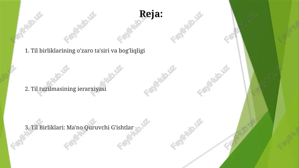 nologiya, morfologiya, sintaksis, semantika va pragmatika kabi aniq qismlardan iborat bo'lgan tuzilgan tizimlardir. til birliklari bir-biriga bog'liq: tovushlar so'zlarni, so'zlar iboralarni, iboralar jumlalarni hosil qiladi va jumlalar ma'noni yetkazadi. bu birliklar o'rtasidagi munosabatlar ierarxik tuzilmani yaratadi, unda kichikroq birliklar birlashib kattaroq, murakkabroq birliklarni hosil qiladi. e'tiboringiz uchun rahmat @taqdimot_robot