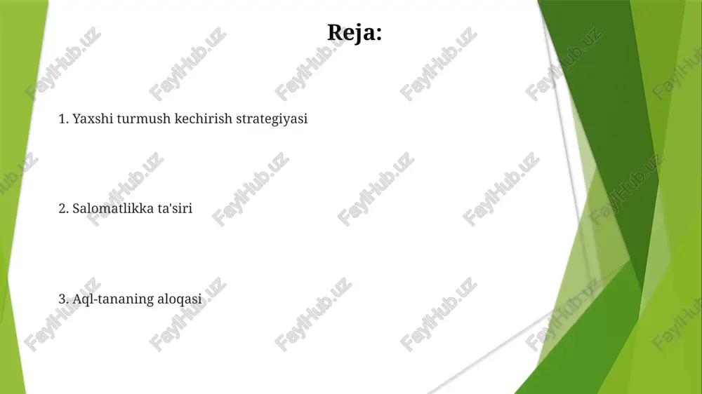 k: turmush tarzi tanlovlari bilan bog'liq va jismoniy salomatlikka hissa qo'shadi. jismoniy sog'liq: ruhiy salomatlik va turmush tarzi tanlovlari tomonidan ta'sirlanadi, umumiy hayot sifatiga ta'sir qiladi. turmush tarzi tanlovi: sizning umumiy salomatligingiz va farovonligingizga ta'sir qiladi, jumladan, ovqatlanish, jismoniy mashqlar, uyqu va stressni boshqarish. aqliy salomatlik uchun mashqlar mashqlar stress gormonlarini kamaytiradi va kayfiyatni tartibga soluvchi kimyoviy moddalarni oshiradi. mashqlar kognitiv funksiyani yaxshilaydi va yoshga bog'liq pasayishdan himoya qiladi. jismoniy faoliyat uyqu sifatini yaxshilaydi, bu ruhiy salomatlik uchun juda muhim. hushyorlik va meditatsiya meditatsiya o'z-o'zini anglash, mehr-shafqat va umumiy farovonlikni rivojlantiradi. doimiy mashqlar diqqatni, konsentratsiyani va hissiy tartibga solishni yaxshilaydi. aql-idrok va meditatsiya stress va xavotirni kamaytirishga yordam beradi. kognitiv xulq-atrof muolajasi kognitiv xulq-atrof-muhit terapiyasi (kxat) ruhiy salomatlikni yaxshilash uchun salbiy fikrlash va xulq-atvorlarni aniqlash va o'zgartirishga yordam beradi. jismoniy salomatlik va ruhiy salomatlik o'zaro bog'liq bo'lib, stress, uyqu va jismoniy mashqlar kabi omillar orqali bir-birini ta'sir qiladi. ruhiy salomatlik, …