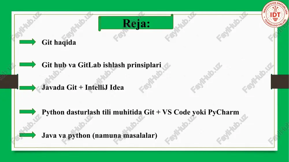 amlanmasi. bir web sayt misolida qaraydigan bo’lsak source code ni html, css, js fayllardagi code larning yig’indisi deb qarashimiz mumkin. versiyalarni boshqarish tizimi (ingliz tilidan -_version control system, vcs_ yoki revision control system) — o’zgaruvchan axborot bilan ishlashni osonlashtirish uchun dasturiy ta’minot. versiyalarni boshqarish tizimi bir xil hujjatning bir nechta versiyasini saqlab qo’yishga imkon beradi, agar kerak bo’lsa, avvalgi versiyalarga qaytish, kimni va qachon o’zgartirish kiritilganligini aniqlash va boshqalarga ko’maklashadi. ushbu tizimlar dasturiy mahsulot ishlab chiqish jarayonida dastur kodlarini va ularning o’zgarishlar tarixini saqlash uchun qo’llaniladi. biroq, ular doimiy ravishda o’zgaruvchan elektron hujjatlarni qayta ishlaydigan boshqa sohalarda ham muvaffaqiyatli qo’llanilishi mumkin. xususan, versiya boshqaruv tizimlari cad (computer-aided designed)da, odatda mahsulotni boshqarish (pdm — product data managment) tizimlarining bir qismi sifatida ishlatiladi. versiyalarni boshqarish nima uchun kerak? asosiy g‘oya: kod o‘zgarishlarini kuzatish va tarixini saqlash. afzalliklar: -eski versiyani qaytarish mumkin -kim nima o‘zgartirganini bilish mumkin -jamoaviy ishlashda chalkashliklarning oldini oladi misol: …