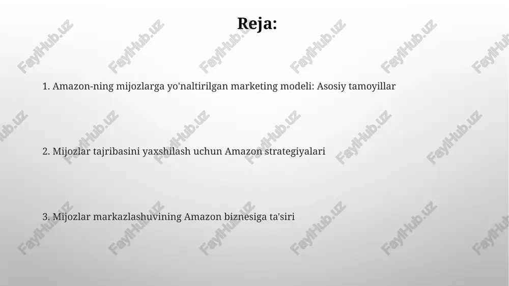 tkazib berish kabi afzalliklar taqdim etadi, shu jumladan ayrim joylarda bir kun ichida yetkazish imkoni bor. prime video oqim xizmati, prime a’zolariga minglab filmlar va seriallar kutubxonasiga kirish huquqini beradi, bu esa ularning qiziqishini doimiy saqlab turishga yordam beradi. mijozlarga xizmat ko'rsatish va qo'llab-quvvatlash amazonning 24/7 mijozlarga xizmat ko'rsatish tizimi elektron pochta, telefon va chat orqali savollarga javob beradi, muammolarni hal qiladi va umumiy tajribani yaxshilaydi. amazonning a dan z gacha kafolati xaridorlarni yetkazib berish, mahsulot holati va qaytarish masalalari bo'yicha himoya qiladi, ishonchni kuchaytiradi va xavfsiz xaridlarni ta'minlaydi. mahsulotlarni baholash va sharhlar tizimi amazon mahsulotlarni baholash tizimi 1 dan 5 gacha yulduzlar bilan reyting berish imkonini beradi, bu xaridorlarga sifat va qoniqish darajasini tez baholashga yordam beradi. sharhlar tizimi xaridorlarga mahsulot haqida batafsil fikr-mulohazalarini, afzalliklari va kamchiliklarini yozish imkonini beradi, bu boshqa xaridorlar uchun muhim ma'lumot manbai hisoblanadi. amazonning mijozlar fikr-mulohazalariga munosabati amazon xaridorlar fikr-mulohazalarini 1-raqamli ustuvor vazifa sifatida …