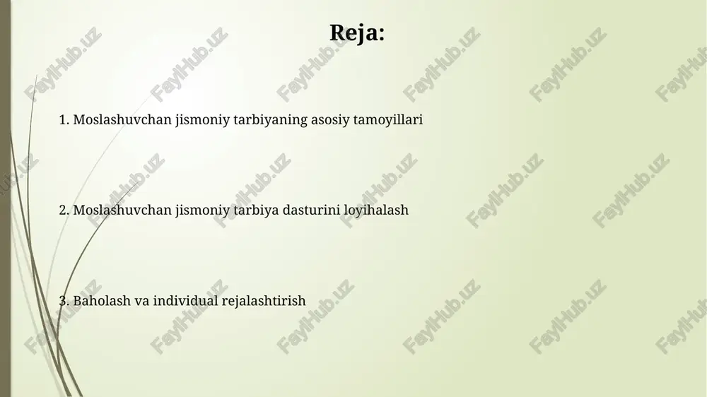 ehtiyojlarini aniqlash uchun 50 dan ortiq standartlashtirilgan testlarni o'z ichiga olishi mumkin, shu jumladan motor ko'nikmalari va fitnes. rejalashtirish, iep (individual ta'lim dasturi) maqsadlariga muvofiq, adaptiv jismoniy tarbiya mashg'ulotlarini 30-60 daqiqaga mo'ljallab tuzishni o'z ichiga oladi. individual ta'lim dasturlari (itd) itdlar, 34 cfr §300.320 ga muvofiq, o'quv yiliga mo'ljallangan, o'lchanadigan yillik maqsadlarni o'z ichiga oladi va baholash usullarini ko'rsatadi. itdlar, moslashuvchan jismoniy tarbiya bo'yicha xizmatlar, shu jumladan, o'qitish va yordamchi texnologiyalarni aniqlaydi, haftalik chastotasi 2-3 sessiya bo'lishi mumkin. moslashuvchanlik va o'zgartirishlar moslashuvchanlik rejaning qat'iy qismidir, agar o'quvchi kutilmagan qiyinchiliklarga duch kelsa, ushbu reja darsda darhol o'zgarishlar kiritish imkonini beradi, taxminan 10-15 daqiqa vaqt tejashga yordam beradi. o'zgartirishlar jismoniy faoliyatning qiyinligini, qoidalarini yoki uskunalarini o'zgartirishni o'z ichiga oladi, bu esa har bir o'quvchining 75% muvaffaqiyatga erishishini ta'minlaydi va ularning ishtiyoqini oshiradi. inkluziya va ishtirok inkluziya har bir o'quvchining 100% teng huquqliligini ta'minlash, ta'lim olishda 0% diskriminatsiya bo'lishi kerakligini anglatadi. ishtirok adaptiv …