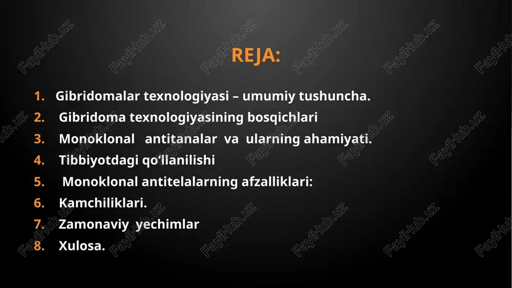 i. diagnostika, dori vositalari va tadqiqotlarda keng qo‘llaniladi. 🏥 tibbiyotdagi qo‘llanilishi: saraton, revmatizm, autoimmun kasalliklar va infeksion kasalliklarda terapiya. virus va bakteriyalarni aniqlashda diagnostika vositasi. immunoterapiya va ksenotransplantatsiyada immunosupressiv dori sifatida. 💉 monoklonal antitelalarning afzalliklari: xususiyat tavsifi yuqori spesifiklik . faqat bitta antigen epitopini taniydi doimiy ishlab chiqarish gibridoma o‘zgarishsiz antitela ishlab chiqaradi oson tozalash o‘xshash tuzilishga ega bo‘lgani uchun terapevtik va diagnostik ahamiyat saraton, revmatoid artrit, covid-19, elisa, immunoflyuoresensiyada keng qo‘llaniladi 🧪 ilovalar: dori ishlab chiqarish: trastuzumab (herceptin), rituximab, infliximab diagnostika: elisa, lateral flow testlar (masalan, covid-19 testlari) immunoterapiya: saratonga qarshi terapiyada car-t hujayralar bilan birgalikda ishlatiladi. ⚠️ kamchiliklari: hayvonlardan foydalanish — bioetik muammo. gibridoma ishlab chiqarishda vaqt va resurs talabi yuqori. inson organizmida immun javob paydo bo‘lishi mumkin (insonlashtirilmagan antitela qo‘llansa). gibridomalar texnologiyasining kelajagi rekombinant antitanalar ishlab chiqish (insonlashtirilgan antitanalar). immunoterapiyada yangi yondashuvlar (masalan, car-t hujayralari). diagnostika vositalarini yanada takomillashtirish. biotexnologiyada kengaytirilgan qo‘llanilishi. 🔄 zamonaviy yechimlar: humanizatsiyalangan monoklonal …