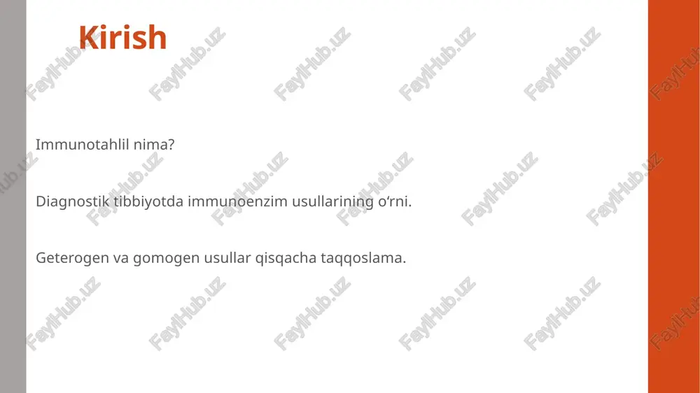 gnal rangli (tmb, opd), flüoresan, yoki luminesan substratlar spektrofotometr, luminometr yoki fluorometr bilan o‘lchash elisa – asosiy geterogen immunotahlil direct, indirect, sandwich, competitive elisa har bir turi uchun qisqacha misol va diagramma 🧪 qo‘llanilishi va afzalliklari qo‘llaniladi: virusli infeksiyalar (masalan, hiv, hepatit b, covid-19) gormonlar (tsh, lh, hcg) onkomarkyorlar (psa, ca-125) allergenlar va autoimmun testlar afzalliklari: juda yuqori sezuvchanlik va spesifiklik ko‘p namuna bir vaqtning o‘zida tekshiriladi (elisa plitalari yordamida) raqamli natijalar olish imkoniyati kamchiliklari: ko‘p bosqichli (uzoq vaqt talab qiladi) maxsus asbob-uskunalar talab etiladi zamonaviy yondashuvlar yangi nanofermentlar avtomatlashtirilgan elisa tizimlari (elisa robotlar) kompyuter yordamida natijalarni tahlil qilish (ai diagnostic aid) xulosa va tavsiyalar geterogen immunotahlil diagnostikada hal qiluvchi ahamiyatga ega tadqiqotlarda va klinik amaliyotda keng qo‘llanadi yuqori aniqlik va ishonchlilik bilan ajralib turadi e’tiboringiz uchun raxmat! /docprops/thumbnail.jpeg