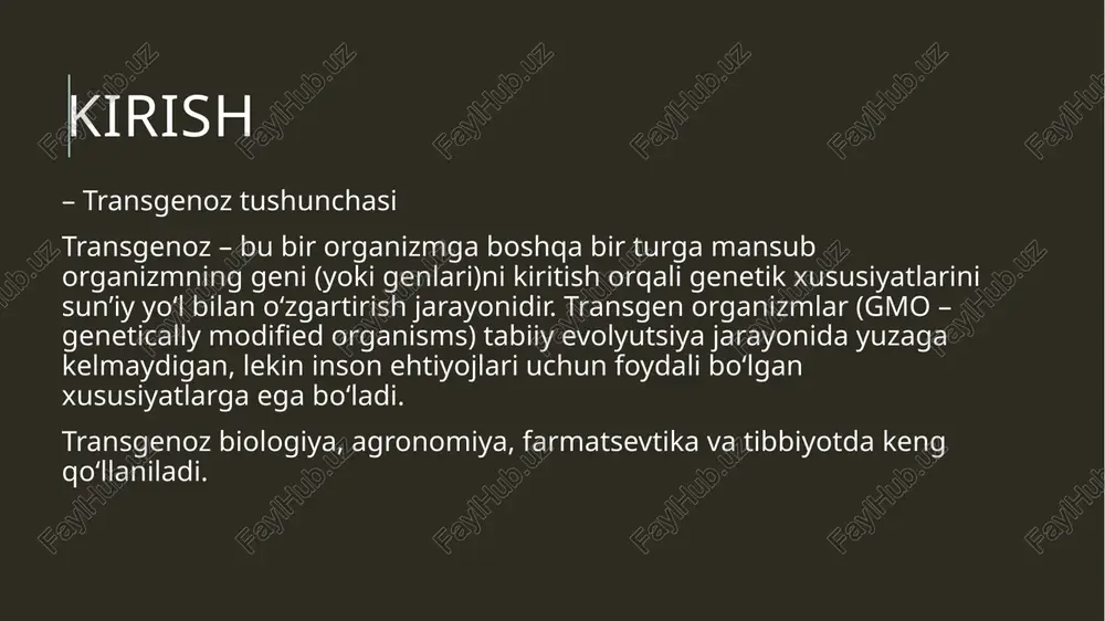 uruza (hasarotlarga chidamli) golden rice (a vitamini ishlab chiqaradi) transgen hayvonlar. transgen hayvonlar asosan ilmiy tadqiqotlar, farmatsevtika va qishloq xo‘jaligida ishlatiladi. biologik xususiyatlari: o‘sish tezligi oshgan dori vositalari sintezi (farm hayvonlar) model organizmlar (inson kasalliklari uchun) misollar: glofish – gfp geni kiritilgan akvarium baliqlari enviropig – fosfor chiqindisini kamaytiruvchi cho‘chqa transgen organizmlarning genetik barqarorligi transgen organizmlarda kiritilgan genlarning nasldan-naslga o‘tishi va barqaror ekspressiyasi muhimdir. barqarorlikni ta’minlash uchun: genlar genomning faol qismlariga kiritiladi ekspressiyani boshqaruvchi kuchli promoterlar ishlatiladi genetik selektsiya usullari bilan moslashuvli avlodlar tanlab olinadi transgen organizmlarning ekologik ta’siri ijobiy jihatlar: pestitsidlar iste’molini kamaytiradi hosildorlikni oshiradi atrof-muhitga chidamli navlar salbiy ehtimollar: genetik ifloslanish (vild o‘simliklarga gen o‘tishi) turg‘un superzararkunandalar paydo bo‘lishi mahalliy biologik xilma-xillikka salbiy ta’sir transgen oziq-ovqat xavfsizligi transgen oziq-ovqatlar inson salomatligi uchun xavfsizmi? bu savol hali ham muhokama ostida. tadqiqotlar shuni ko‘rsatadiki: ko‘pchilik gmo mahsulotlar allergik yoki toksik emas genetik modifikatsiyaga ega mahsulotlar odatiy oziq-ovqatlardan farqli emas har …
