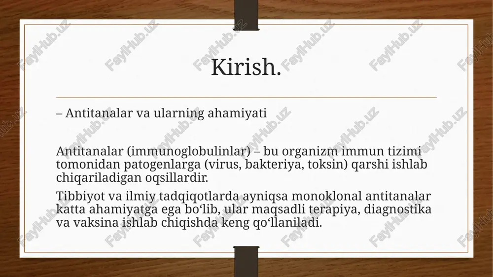 ipoksantin-guanin-fosforibozil-transferaza) enzimi yetishmovchiligiga ega bo‘lishi kerak, chunki hat muhitida faqat gibridomalar yashaydi. 3-bosqich – hujayra birikmasini hosil qilish spleen b-limfotsitlar mieloma hujayralari bilan peg (polietilenglikol) yordamida birlashtiriladi. fusogenez jarayonida gibrid hujayralar – gibridomalar hosil bo‘ladi. ular antitana ishlab chiqarish va ko‘payish xususiyatiga ega bo‘ladi. 4-bosqich – gibridomalarni tanlash fusogenezdan so‘ng hujayralar hat muhitida saqlanadi: faqat gibrid hujayralar yashaydi sof mieloma yoki b-limfotsit hujayralari nobud bo‘ladi yashab qolgan klonlar maqsadli antitanani ishlab chiqaryaptimi – sinovdan o‘tkaziladi (elisa, western blot). 5-bosqich – eng samarali klonni tanlab olish eng yuqori antitana ishlab chiqaradigan klon tanlab olinadi bu klon in vitro sharoitda ko‘paytiriladi shu klondan uzoq muddat foydalanish uchun kriokonservatsiya qilinadi barcha ishlab chiqarish undan boshlanadi monoklonal antitanalarni tozalash hosil bo‘lgan antitana eritmalaridan keraksiz oqsillarni ajratish uchun quyidagi usullar qo‘llaniladi: protein a/g-sefarozli xromatografiya ion almashinish xromatografiyasi dializ filtratsiya toza antitanalar keyinchalik dori sifatida yoki laboratoriyada ishlatiladi. antitanalarning turlari murine (faqat sichqon hujayralaridan) kimera (inson-sichqon …