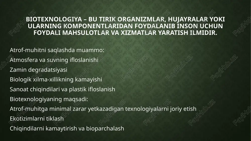 a – eng samarali texnologiya bioremediatsiya nima va qanday ishlaydi? izoh: bioremediatsiya – tirik organizmlar, ayniqsa mikroorganizmlar (bakteriyalar, zamburug‘lar) yordamida atrof-muhitdagi zaharli moddalarning parchalanishi yoki neytrallanishi. misollar: neft to‘kilgan suv havzalarida pseudomonas bakteriyasi neftni parchalashda ishlatiladi. og‘ir metall bilan ifloslangan tuproqda thiobacillus ferrooxidans bakteriyasi ishlatiladi. afzalliklari: arzon va ekologik xavfsiz. nojo‘ya ta’siri kam. mahalliy mikroorganizmlardan foydalanish mumkin. genetik modifikatsiyalangan organizmlar (gmo) roli gmo’lar orqali ekologik muhitni yaxshilash foydali jihatlari: gmo bakteriyalar – ifloslantiruvchi moddalarga chidamli, tezroq tozalash imkonini beradi. gmo o‘simliklar – tuproqni tozalash (fitoremediatsiya), bioyoqilg‘i ishlab chiqarishda ishlatiladi. misol: arabidopsis thaliana o‘simligi kadmiy va simobni yutib, tozalashda qo‘llaniladi. biotexnologiyaning real amaliyotdagi misollari dunyodagi muvaffaqiyatli ekologik biotexnologiyalar misollar: exxonmobil kompaniyasi tomonidan bioremediatsiya neft to‘kilgan joylarda qo‘llanilgan (meksika qo‘ltig‘i). hindistonda organik chiqindilarni biologik parchalaydigan mikroorganizmlar bilan yo‘q qilish loyihalari. o‘zbekistonda tozalovchi inshootlarda biofiltrli texnologiyalar tatbiq qilinmoqda (eksperimental). xulosa va istiqbollar atrof-muhitni himoya qilishda biotexnologiya – kelajak kaliti asosiy xulosalar: biotexnologiya ekologik …