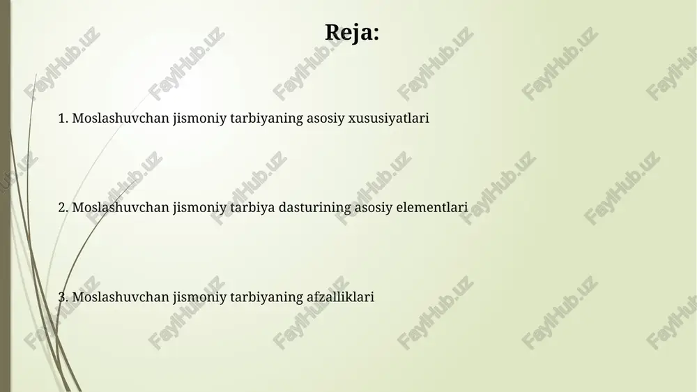 yatga moslashuvini ta'minlashga qaratilgan. o'quv reja va dasturlarning moslashuvchanligi o'quv reja va dasturlarning moslashuvchanligi, individual ehtiyojlarni qondirish uchun o'zgartirilishi mumkin, masalan, har bir o'quvchiga moslashtirilgan 3 xil harakat darajasi bilan. dasturlarning moslashuvchanligi turli xil nogironligi bo'lgan bolalarga moslashtirilgan usullarni o'z ichiga oladi, bu jarayonda kamida 5 ta moslashuvchan sport turini qo'llash mumkin. baholash va monitoring baholash, o'quvchining individual ehtiyojlarini aniqlash uchun diagnostik testlardan foydalanishni o'z ichiga oladi, masalan, motorli ko'nikmalar va jismoniy tayyorgarlikning 6 ta asosiy elementini o'lchash. monitoring individual o'quv dasturining (iop) amalga oshirilishini kuzatishni anglatadi, bunda o'qituvchilar har chorakda o'zgarishlar kiritish uchun muntazam ravishda ma'lumotlarni (kamida 3 ta nazorat nuqtasi) to'plashadi. o'qituvchining roli va malakasi o'qituvchi har bir o'quvchining individual ehtiyojlarini aniqlashi, 504-reja yoki iep kabi shaxsiy dasturlarni ishlab chiqishi va amalga oshirishi zarur. o'qituvchi adaptiv jismoniy tarbiya bo'yicha kamida 3 yillik tajribaga ega bo'lishi va maxsus ta'lim bo'yicha soha bo'yicha malaka oshirgan bo'lishi kerak. qo'llab-quvvatlash vositalari va …