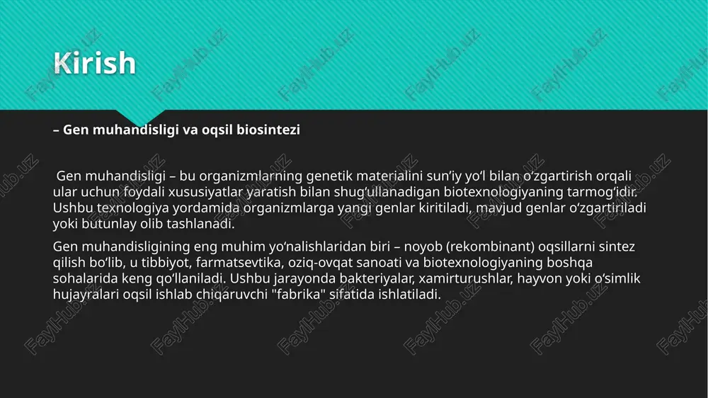 di. 3. ekspressiya va oqsil sintezi qabul qiluvchi organizm genni o‘qiydi va oqsilni sintezlaydi. 4. oqsilni ajratib olish va tozalash ishlab chiqarilgan oqsil xujayradan ajratiladi va sof holatda tozalanadi. 5. biologik faollikni tekshirish yakuniy oqsil bioaktivligi, toksikligi va funksional xossalari laboratoriyada sinovdan o‘tkaziladi. afzalliklari va qo‘llanilish sohalari afzalliklari: oqsil ishlab chiqarishning yuqori samaradorligi kam xarajat bilan ko‘p miqdorda tayyorlash biologik xavfsizlikning yuqori darajasi allergik yoki virusli kontaminatsiya xavfini kamaytirish oqsil strukturasi va funksiyasini o‘zgartirish imkoniyati qo‘llanilish sohalari: tibbiyot: insulin, o‘sish gormonlari, antitanalar farmatsevtika: vaksinalar, diagnostika vositalari oziq-ovqat sanoati: pishloq fermentlari (renin) veterinariya: hayvonlar uchun davolovchi preparatlar sanoat: biofermentlar, biopolimerlar misol sifatida – rekombinant insulin diabetik bemorlar uchun insulin sintezi gen muhandisligining eng muvaffaqiyatli amaliyotlaridan biridir. 1978-yilda genentech kompaniyasi tomonidan odam insulini geni bakteriyaga (e.coli) kiritilgan va 1982-yilda birinchi biosintetik insulin — humulin fda tomonidan tasdiqlangan. jarayon: odam insulin geni rekombinant dnk yordamida plazmidaga joylashtirildi. plazmida e.coli bakteriyasiga kiritildi. bakteriyalar odam …