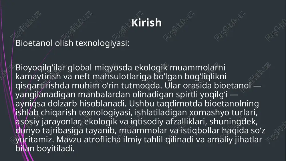 a avtomobil dvigatellaridan chiqadigan karbon oksidi va boshqa zararli gazlar. xomashyo manbalari bioetanol ishlab chiqarishda foydalaniladigan xomashyolarni quyidagi guruhlarga ajratish mumkin: 1. shakarli mahsulotlar – shakarqamish, shakar lavlagi. bu mahsulotlar to‘g‘ridan-to‘g‘ri fermentatsiyaga yaroqli shakarlar (glukoza, saxaroza)ga boy. 2. kraxmalli mahsulotlar – makkajo‘xori, bug‘doy, guruch, kartoshka. bularni avvalo gidrolizlab shakar holiga keltirish kerak. 3. sellyulozali biomassa – o‘tin, somon, pichan, paxta qoldiqlari. bu manbalar ko‘p, arzon va chiqindi hisoblanadi, biroq ularni qayta ishlash uchun murakkab texnologiyalar zarur. har bir xomashyo turining o‘ziga xos afzallik va kamchiliklari mavjud. tanlov texnologiya, narx, mavjudlik va ekologik omillarga bog‘liq. umumiy texnologik bosqichlar bioetanol olish texnologiyasi quyidagi asosiy bosqichlardan iborat: 1. xomashyoni tayyorlash – yuvish, maydalash, aralashtirish. 2. gidroliz – kraxmal yoki sellyuloza shakar holiga keltiriladi. 3. fermentatsiya – shakar spirtga aylantiriladi (achitish). 4. distillatsiya – etanol suvdan ajratiladi. 5. dehidratsiya – etanol 99.5% holatga keltiriladi. 6. saqlash va yetkazish – mahsulot iste’molchilarga uzatiladi. har bir …