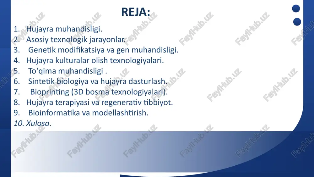 boratoriya sharoitida oziqlantiruvchi muhitda koʻpaytirish va saqlash. - 3d hujayra madaniyati: hujayralarni uch oʻlchamli strukturalarda (organoidlar, gidrogellar) oʻstirish, toʻqima muhitini taqlid qilish. - kriokonservatsiya: hujayralarni past haroratda saqlash va keyinchalik qayta tiklash. 3. toʻqima muhandisligi . scaffold texnologiyalari: biodegradatsiyalanuvchi materiallardan yasalgan tayanch strukturalar yordamida yangi toʻqimalar yaratish. stem hujayralar va differensatsiya: koʻp qirrali hujayralarni maʼlum bir toʻqima hujayralariga aylantirish (masalan, osteoblastlar yoki neyronlar). organoidlar: in vitro sharoitda mini-organlar (masalan, miya, jigar organoidlari) ishlab chiqarish. 4. sintetik biologiya va hujayra dasturlash. genetik sxemalar: hujayralarga sunʼiy "sxemalar" kiritish (masalan, yorugʻlikka yoki kimyoviy moddalarga sezgir sensorlar). metabolik muhandislik: hujayra metabolizmini oʻzgartirib, maqsadli mahsulotlar (bioyoqilgʻi, antibiotiklar) ishlab chiqarish. 5. bioprinting (3d bosma texnologiyalari). lazer yoki mikrofluidik asosdagi printerlar: hujayralarni qatlamma-qatlam joylashtirib, murakkab toʻqima strukturalarini yaratish. - vaskulyar tarmoqlar: qon tomirlarini taqlid qiluvchi kanallar bilan toʻqimalarni bosib chiqarish. 6. hujayra terapiyasi va regenerativ tibbiyot. stem hujayra transplantatsiyasi: kasallangan toʻqimalarni yangilash uchun ildiz hujayralarni yetkazib berish …