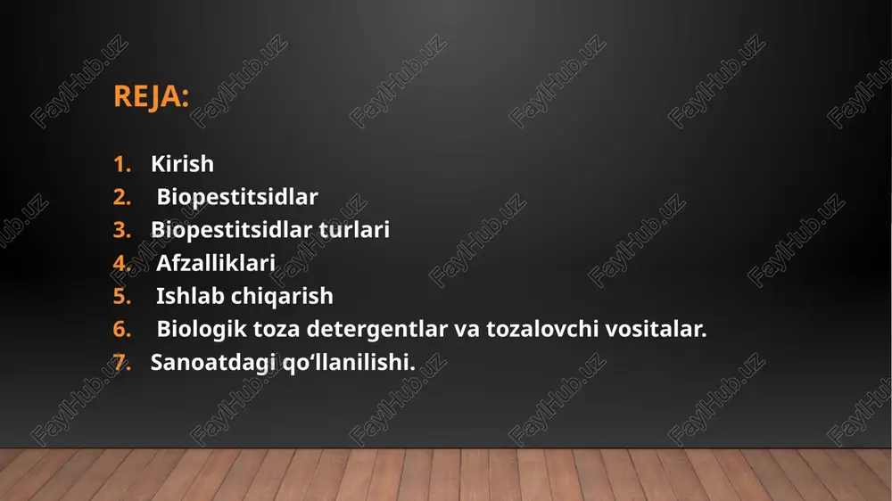 alovchi vositalar: asosiy tarkibiy qismi: biosurfaktantlar (masalan, rhamnolipid). ishlab chiqaruvchilar: pseudomonas aeruginosa, bacillus subtilis. suv tizimlarida tez parchalanadi, baliqlarga zarar qilmaydi. 🏭 sanoatdagi qo‘llanilishi: sektor biomahsulotlar foydasi qishloq xo‘jaligi biopestitsidlar, bioo‘g‘itlar zararkunandalarga qarshi kurashda xavfsiz qadoqlash sanoati pla, pha, kraxmal asosli plyonkalar ekologik xavfsiz qadoqlash tozalash sanoati biologik toza yuvish vositalari suv resurslarini himoya qiladi 🌿 real misollar: yaponiya va yevropa ittifoqida supermarketlar pla paketlarga o‘tmoqda. indoneziyada dengiz o‘tlari asosida parchalanadigan oziq-ovqat o‘ramlari ishlab chiqilgan. hindiston: neem yog‘i asosidagi pestitsidlar kichik fermerlar orasida ommalashmoqda. ⚖️ biomahsulotlar va an’anaviy mahsulotlar: xususiyat an’anaviy mahsulotlar biomahsulotlar parchalanish muddati uzoq (yillar) qisqa (oylar) toksik ta’sir yuqori juda past narx nisbatan arzon biroz qimmatroq ekologik xavfsizlik sspast yuqori biomahsulotlar davriy aylanishi. e’tiboringiz uchun raxmat! image3.png image1.jpg /docprops/thumbnail.jpeg