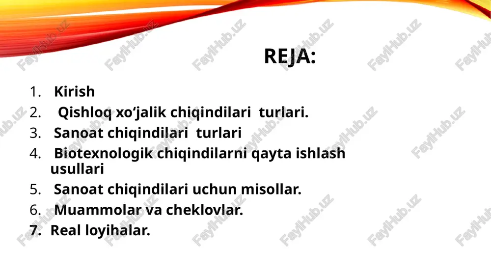 osorbentlar va biodegradatsiya bakteriyalari (masalan, pseudomonas spp.) orqali tozalash. kimyoviy zavod chiqindilari – fitoremediatsiya (o‘simliklar orqali zararsizlantirish), yoki biosorbsiya. metallurgiya chiqindilari – thiobacillus ferrooxidans kabi bakteriyalar yordamida biometallurgiya (metall ajratib olish). 🧹 maishiy xizmat chiqindilari uchun misollar: oziq-ovqat chiqindilari – fermentatsiya orqali bioo‘g‘it va biogaz olish. polimer va plastiklar – genetik modifikatsiyalangan mikroorganizmlar orqali bioplastiklar va parchalanadigan mahsulotlar ishlab chiqarish. karton, qog‘oz – sellyulozolitik mikroorganizmlar yordamida parchalanadi va qayta ishlanadi. ✅ afzalliklari: afzallik tavsifi ekologik xavfsizlik | atmosferaga zararli gazlar chiqmaydi iqtisodiy foyda | energiya va organik o‘g‘it olinadi qayta ishlanishi mumkin | davriy qayta ishlovlar orqali chiqindisiz texnologiya yaratiladi barqaror rivojlanishga hissa | qayta ishlash orqali tabiiy resurslar asraladi ⚠️ muammolar va cheklovlar: texnologiyaning murakkabligi va boshlang‘ich investitsiya talab qilishi. mikroorganizmlarning faolligi iqlim va phga bog‘liq. sanoat chiqindilarida toksik birikmalarni neytrallash qiyin. 🌍 real loyihalar: hindiston – qishloq joylarda biogaz stansiyalari orqali go‘ngdan energiya olish. germaniya – chiqindilarni yoqish …