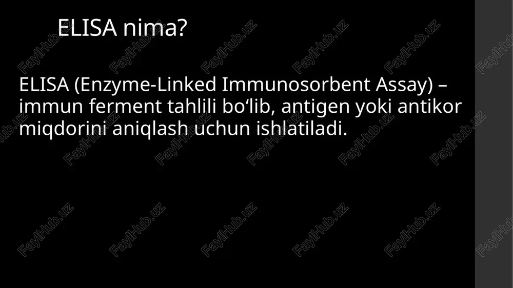 nd) yuqori bo‘lishi mumkin ba’zi hollarda boshqa oqsillar bilan spetsifik bo‘lmagan reaksiya berishi mumkin amaliy misollar. covid-19 antikorlarini aniqlashda lyuminestsent gomogen elisa keng qo‘llandi htrf (homogeneous time-resolved fluorescence) – sitokin tahlillarida juda keng ishlatilmoqda alphalisa – insulin va il-6 darajasini aniqlashda qo‘llaniladi e’tiboringiz uchun raxmat! /docprops/thumbnail.jpeg