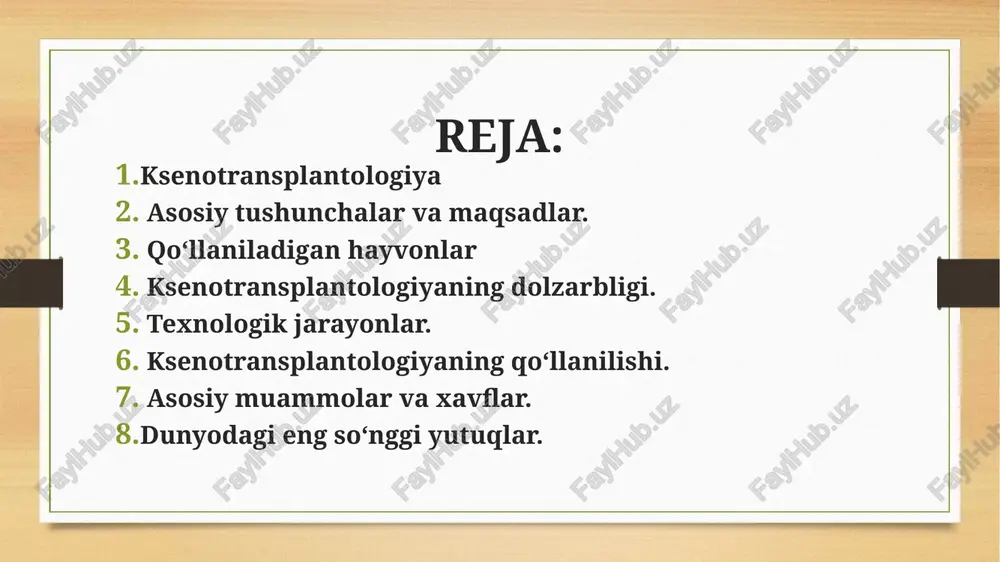 va boshqa hayotiy organlar transplantatsiyasini kutmoqda. ksenotransplantatsiya potentsial cheksiz donor manbasini yaratadi. texnologik jarayonlar 1. genetik modifikatsiya - crispr/cas9 yordamida hayvon hujayralaridan gal epitoplari (inson immun tizimi tomonidan rad etiladigan uglevodlar) genlarini oʻchirish. - inson genlarini kiritish: masalan, choʻchqa hujayralariga inson qon ivishini regulyatsiya qiluvchi genlarni qoʻshish. - retroviruslarni inaktivatsiya qilish: choʻchqa genomida mavjud boʻlichan endogen retroviruslar (perv) faolligini blokirovka qilish. 2. immunosupressiya protokollari . - transplantatsiyadan keyin immunitet reaktsiyasini bostirish uchun yangi dori preparatlari ishlab chiqilmoqda. 3. toʻqima muhandisligi bilan integratsiya - hayvon organlarini inson hujayralari bilan "qayta qurish" (masalan, choʻchqa yurak qopqogʻini inson ildiz hujayralari yordamida rekonstruksiya qilish). ksenotransplantologiyaning qoʻllanilishi. yurak klapanlari: choʻchqa yurak klapanlari allaqachon insonlarda muvaffaqiyatli qoʻllaniladi. oʻpka va buyrak transplantatsiyasi: tajribalar davom etmoqda (masalan, 2022-yilda aqshda genetik oʻzgartirilgan choʻchqa buyragi insonga birinchi marta transplantatsiya qilindi). - qalqonsimon bez va orqa miya hujayralari: diabet va nevrologik kasalliklarni davolash uchun. asosiy muammolar va xavflar. 1. immunitet reaktsiyasi …