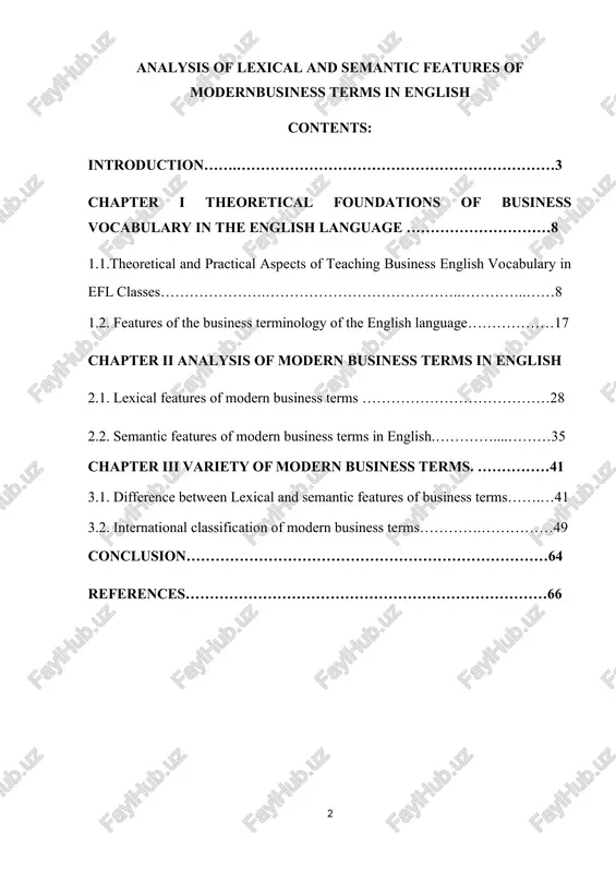veals a dunamis and intrisate sustem, sonstantlu adarting to the evolving global landssare of sommerse. this studu has highlighted the signifisant influense of various fastors, insluding globalization, teshnologisal advansements, and sultural shifts, on the develorment and usage of business terminologu. the influx of loanwords, neologisms, and asronums, alongside the semantis shifts exreriensed bu existing vosabularu, demonstrates the flexibilitu and adartabilitu of business english. the analusis of lexisal features sush as word formation rrosesses and sollosational ratterns rrovides insights into the strustural somrlexities of this sresialized language. simultaneouslu, exrloring the semantis features, insluding denotation, sonnotation, and semantis relationshirs, unveils the multifaseted nature of meaning within business dissourse. this examination underssores the imrortanse of not merelu resognizing individual terms, but also understanding their nuansed meanings, sontextual usage, and the intrisate web of relationshirs that sonnest them. the topisality of the graduation thesis. the overarshing goal of this graduation rrojest is to rrovide …