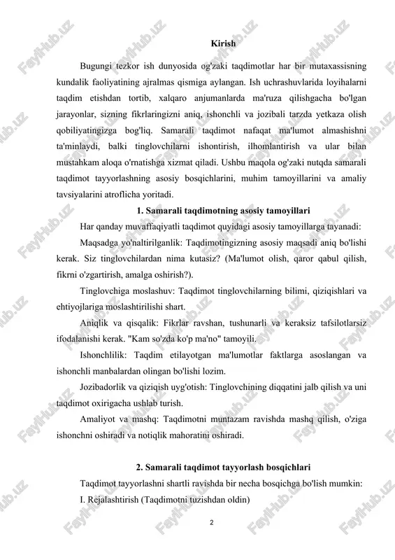 savollarga javob topasiz. taqdimot maqsadini aniqlash: siz ma'lumot berayapsizmi? tinglovchini biror narsaga ishontirmoqchimisiz? muammo yechimini taklif qilayapsizmi? qaror qabul qilishga undayapsizmi? ilhomlantirmoqchimisiz? maqsad aniq bo'lmasa, taqdimot yo'nalishsiz bo'ladi. tinglovchini tahlil qilish: kimlar tinglaydi? (kasbiy darajasi, yoshi, jinsi, madaniy kelib chiqishi). ular mavzu haqida nimalarni bilishadi? (jargonlardan foydalanish darajasi, murakkablik darajasi). ularning qiziqishlari va ehtiyojlari qanday? (taqdimot ularga qanday foyda beradi?). ularning sizga munosabati qanday? (mavzuga yoki sizga nisbatan oldindan ijobiy/salbiy munosabat bormi?). asosiy xabarni belgilash (takeaway message): tinglovchilar taqdimotdan keyin eng kamida biror narsani eslab qolishlari kerak. bu sizning asosiy g'oyangiz bo'lsin. uni bir-ikki jumlada ifodalay oling. ma'lumotlarni yig'ish va tanlash: mavzuga oid barcha kerakli ma'lumotlarni (faktlar, raqamlar, misollar, hikoyalar) to'plang. yig'ilgan ma'lumotlardan faqatgina maqsadingizga xizmat qiladigan va tinglovchingizga mos keladiganlarini tanlang. ortqcha ma'lumotdan qoching. taqdimot tuzilishini yaratish (outline): kirish (introduction): tinglovchining diqqatini jalb qilish (qiziqarli fakt, savol, hikoya). o'zingizni tanishtirish (agar kerak bo'lsa). taqdimotning maqsadini va kun tartibini aniq …