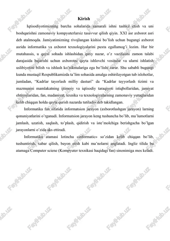 ri va xodisalari, ularning o’lchamlari, xususiyatlari va holatlari to’g’risidagi ma’lumotlar tushuniladi. axborot so’zi lotincha «informasiya» so’ziga mos kelib, tushuntirish, tavsiflash degan ma’nolarni bildiradi. axborot bu - biz barcha sezgi a’zolarimiz orqali qabul qila oladigan ma’lumotlar to’plamidir. axborot atrofimizdagi har xil voqea xodisalar haqidagi ma’lumotlar yig’indisidir. shuning uchun axborotni kitoblarda, jurnallarda, yozuvimizda, o’zaro muloqotimizda, radio va televideniyelar kabilarda uchratish mumkin. u quyidagi uchta muhim sifatga ega bo’lishi lozim: 1. axborot o’rganilayotgan narsa yoki hodisani har taraflama to’liq ifodalashi lozim, ya’ni axborot to’liqlik sifatiga ega bo’lishi lozim. 2. axborot ma’lum ma’noda qiymatli bo’lishi lozim, aks holda undan foydalanish ehtiyoji tug’ilmaydi. 3. axborot ishonchli bo’lishi lozim, aks holda uni qayta ishlashga zarurat tug’ilmaydi. informatika va axborot texnologiyalari fanida bundan tashqari algoritm, dastur, kompyuter, texnologiya, axborotlashgan jamiyat va boshqa tushunchalar ham mavjud. bu tushunchalar mazmuni quyidagi mulohazalarda keltirilgan: biror masalani kompyuterda xal qilish kerak bo’lsa, masalani dastlab yechish ketma-ketligini so’z yoki grafik shaklda yoziladi, …