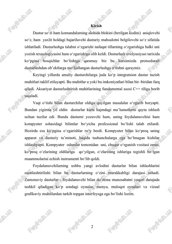 afikaviy muhitlardan tarkib topgan interfeysga ega bo‘lishi lozim. 1. massivlar tushunchasi. ko’p hollarda, bir necha sonlarni yoki o’zgaruvchilarni bitta nom ostida tizib chiqishga to’g’ri keladi. buning uchun quyidagicha tartibda ish bajariladi. bu sonlar bitta to’plamga (massivga) tizib chiqiladi va unga biror nom beriladi. bu to’plam (massiv)ga kirgan har bir o’zgaruvchi massivning elementi deb yuritiladi. massivning elementlari massivda tizilgan o’rniga qarab nomerlab chiqiladi va bu nomerlar massiv elementlarining indeksi deb yuritiladi. massivga murojaat qilinayotganda, massiv nomi ko’rsatiladi va uning yoniga [] qavslar ichiga bu massivning jami elementlar soni ham yozib qo’yiladi. massivga kirgan har bir o’zgaruvchi ham massiv nomi bilan yuritiladi va nom yoniga uning bu massivdagi tartib raqami ham yozib qo’yiladi. massivlardan dastur tuzishda foydalanish uchun ularni dastlab e'lon qilish va kerak bo'lsa massiv elementlarini initsalizatsiya qilish, ya’ni tavsiflash kerak bo’ladi. massiv e'lon qilinganda, kompilyator elementlar soniga teng miqdorda xotiradan joy ajratadi. masalan, char tipidagi o’zgaruvchili, m nomli massiv quyidagicha …
