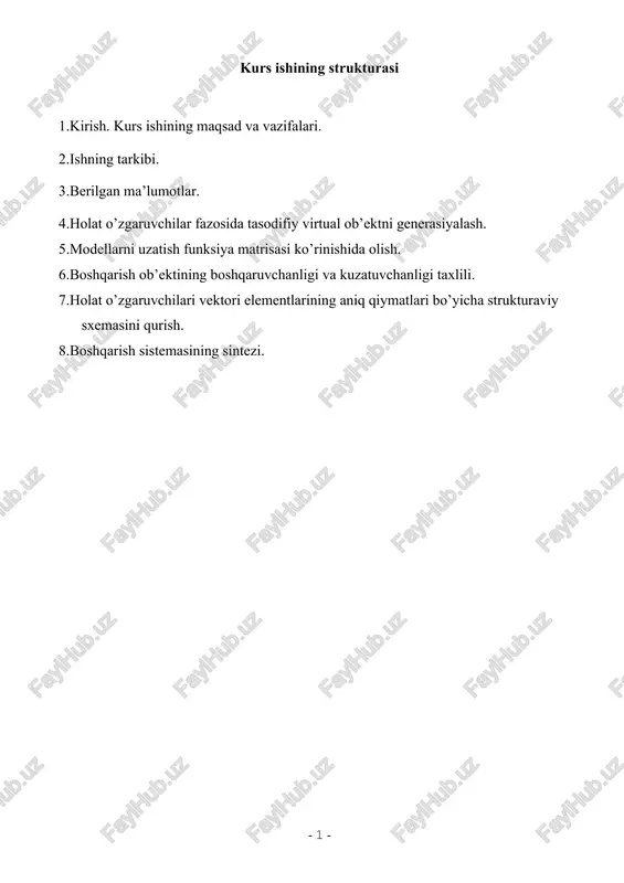 osida, shuningdek matlab dasturining simulink va control system toolbox qism dasturlaridagi funksiyalardan foydalanib bajariladi. 2. kurs ishning tarkibi ishni bajarish jarayonida quyidagi bosqichlarni bajarish lozim: · kurs ishining mohiyati va ishni bajarish tartibini o’rganish; · texnologik jarayonni va uning shakllanish prinsipini qisqacha ta’riflash; · texnologik jarayonni boshqarish ob’ekti sifatida taxlil qilish, unga: · ob’ektning kiruvchi, chiquvchi va ichki o’zgaruvchilarni taxlil qilish va tavsiflash, shuningdek unga ta’sir qiluvchi ta’sirlar; · vazifa maqsadini va boshqarish sistemasini shakllanish mezonlarini taxlil qilish; · ob’ektning matematik modeli va boshqarish sistemasining namunaviy sxemasi; · m-fayl redaktor muhitidagi lsqnonlin standart funksiya yordamida optimal parametrlarni hisobi uchun foydalanuvchi qism dastur funksiyasini ishlab chiqish, uning maqsadi esa kvadratik xatolikning minimum qiymati mezoni bo’yicha sistemani optimallash; · pid-rostlagich parametrlarning topilgan optimal qiymatlarida sistemaning o’tkinchi jarayonni qurish; - optimallash natijalarini taxlil qilish; · olingan natijalarni izohlash qilish; · o’tkinchi jarayon vaqtini chegaralash uchun o’qituvchidan qo’shimcha vazifa olish; · m-fayl redaktor muxitidagi …