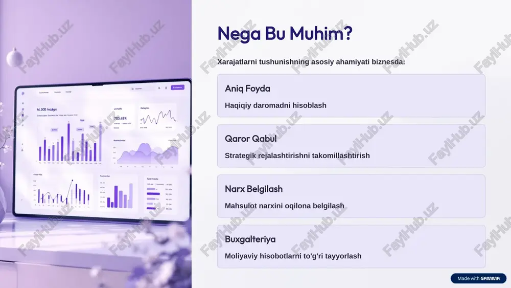 h soati asosida har bir mahsulotning ishlab chiqarish soatiga proporsional taqsimlash 2 bevosita ishchi xarajati asosida direktiv ishchi haqi miqdorining nisbatiga asoslanib taqsimlash 3 ishlab chiqarish hajmi asosida tayyorlangan birliklar soniga proporsional taqsimlash 4 kvadrat metraj asosida bosib olinadigan maydon miqdorining nisbatiga ko'ra taqsimlash 7 amaliy misol: kichik korxonada xarajatlarni ajratish uchta mahsulot ishlab chiqaradigan korxonani tahlil qilaylik: xarajat turi direkt/indirekt miqdor taqsimlash usuli xom-ashyo direkt 50,000,000 so'm to'g'ridan-to'g'ri ijara indirekt 5,000,000 so'm kvadrat metraj oqchilik direkt 20,000,000 so'm soat asosida boshqarish indirekt 8,000,000 so'm ishlab chiqarish hajmi jami direkt xarajatlar: 70,000,000 so'm | jami indirekt xarajatlar: 13,000,000 so'm 8 xarajatlarni to'g'ri ajratishning biznesga ta'siri aniq narxlash mahsulot narxini deyarli hisoblash imkoniyati raqobatchilik bozorda eng qulay narxda turish samaradorlik ortiqcha xarajatlarni aniqlash va kamaytirish foyda maksimumi haqiqiy daromadni aniq hisoblash 9 xulosa va asosiy olib ketmalar direkt va indirekt xarajatlarni to'g'ri ajratish korxonaning moliyaviy samaradorligining asosi: direkt xarajatlar mahsulotga to'g'ridan-to'g'ri …