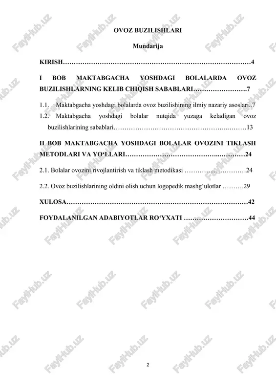 ng ovozini rivojlantirish zarurligi ahamiyati to‘g‘risida asosli ma’lumotlar tegishli adabiyotlar va manbalarni o‘rganish natijalaridan kelib chiqib, yoritib berilgan.uning ikkinchi bobida maktabgacha yoshdagi bolalarda ovoz buzilishining o’ziga xos xususiyatlarini ta’minlash metodikalari -maktabgacha ta’lim jarayonida bolalarni rivojlantirishga qaratilgan davlat talablari, bu talablar asosida mashg’ulotlarni tashkil etish masalalari, keltirilgan.bitiruv malakaviy ishning xulosa qismida esa mavzuga oid bo‘lgan aniq xulosalar va maktatabgacha ta’lim tizimida rivojlantiruvchi muhitni tashkil etish yo‘llari masalalari bo‘yicha tegishli takliflar berilgan. bundan tashqari o‘rganilgan ovoz masalalari bo‘yicha aniqlangan kamchiliklarni bartaraf etish va yutuqlarni ommalashtirishga doir aniq takliflar berilgan. kursni tugatish ishini tayyorlashda rahbariy adabiyotlar, normativ-huquqiy hujjatlar, ilmiy va ommaviy adabiyotlar hamda maktabgacha ta’lim tizimiga tegishli manbalardan foydalanilgan. kirish maktabgacha ta’lim muassasalari oldiga qoʻyilgan muhim vazifalardan biri, bolalarni maktab ta’limiga tayyorlash hisoblanadi. bolaning samarali ta’lim olishga tayyorlashning asosiy koʻrsatkichlaridan biri toʻgʻri, yaxshi rivojlangan nutq hisoblanadi. toʻgʻri nutq bolaning har tomonlama rivojlanishining muhim sharti hisoblanadi. bolaning nutqi qanchalik toʻgʻri va lugʻati boy boʻlsa, …