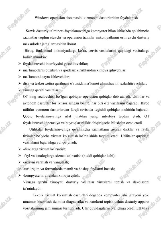 fayllarni bosish; · -kompyuterni virusdan ximoya qilish. virusga qarshi ximoyali dasturiy vositalar viruslarni topish va davolashni ta`minlaydi. texnik xizmat ko`rsatish dasturlari deganda kompyuter ishi jarayoni yoki umuman hisoblash tizimida diagnostika va xatolarni topish uchun dasturiy-apparat vositalarining jamlanmasi tushuniladi. ular quyidagilarni o`z ichiga oladi: ehm va uning ayrim qismlari ishining to`g`riligi diagnostik va test nazorati vositalari shu jumladan ularning ehmda muayyan lokalizasiyasi bo`lgan xatolar va shikastlanishlarni avtomatik izlash. axborot tizim hisoblash muhiti diagnostik va nazorat kilishning maxsus dasturlari. windows muxiti xizmatchi dasturlari «pusk» tugmasida joylashgan bo`lib, «programmo`» bo`limidagi standart dasturlar sirasiga kiradi. standart dasturlar ichida alohida «slujebno`e» bandida joylashgandir. ular sirasiga 1. arxivasiya danno`x 2. vosstanovlenie sistemo` 3. defragmentasiya diska 4. master perenosa faylov i parametrov 5. naznachenno`e zadaniya 6. ochistka diska 7. svedeniya o sisteme 8. tablisa simolov 1. «arxivasiya danno`x» bo`limiga kirganda birinchi bo`lib quyidagi oyna hosil bo`ladi ushbu dastur yordamida qattiq diskdagi mavjud fayllarni arxivlash va arxivlangan fayllarni …