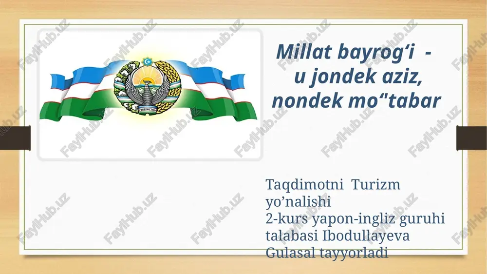 g‘urur va faxrimiz timsolidir. vatanimizning beqiyos ramzidir. quyosh ko‘kda falakning bayrog‘i bo‘lib porlab turibdi, ko‘ngilda muhabbat bayrog‘i hilpiraydi, ongimizni esa tafakkur bayrog‘i nurlantiradi. ozod va obod vatanimiz — o‘zbekistonning bayrog‘i ham bizni ulug‘ maqsadlar tomon boshlovchi buyuk mash’aladir. ozod va obod vatanimiz — o‘zbekistonning bayrog‘i ham bizni ulug‘ maqsadlar tomon boshlovchi buyuk mash'aladir. davlat bayrog‘i va uning ramzi bugungi o‘zbekiston hududida qadimda mavjud bo‘lgan davlatlar bilan tarixan bog‘liqligini anglatadi hamda respublikaning milliy-madaniy an’analarini o‘zida mujassamlashtiradi. yer yuzida ikki yuzdan ortiq davlat bor va albatta, har bir davlatning o‘z ramzlari, bayrog‘i bor. har bir bayroq ayricha rang va timsollarga ega. ular bilan yonma-yon balqib turgan bayrog‘imiz hech kimdan kam emasligimiz va kam bo‘lmasligimizni ko‘rsatib turadi. shuni aytishimiz lozimki, bayroq qadim-qadimdan har bir xalq uchun mustaqillik, hurlik, tinchlik va barqarorlik timsoli bo‘lib kelgan. ajdodlarimiz ham yurt bayrog‘ini muqaddas bilib, uni ko‘z qorachig‘idek asraganlar. bayrog‘imiz 1992 yilning 2 martidan o‘zbekiston to‘laqonli suveren respublika …