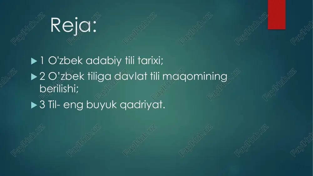 buran kirill yozuviga oʻtilgan.  1992-yilgacha oʻzbek tili shu yozuvda yozilgan. 1993-yil oʻzbekiston rasman lotin yozuvini yana qaytadan kirgizdi.  hozirda oʻzbekistonda taʼlim joylarida lotin yozuvidan qoʻllaniladi. o‘zbek tiliga- davlat tili maqomining berilishi  1989-yil 21-oktabr –»davlat tili haqida» gi qonun qabul qilindi  1995-yil 2-sentabr. «lotin yozuviga asoslangan o‘zbek alifbosini joriy etish tog’risida»gi qonunga o’zgartirishlar kiritildi va oliy majlisning tegishli qarori qabul qilindi.  1995- yil 24-avgust. vazirlar mahkamasining «o’zbk tilining asosiy imlo qoidalari tasdiqlash tog’risida»gi qarori qabul qilindi.  1995-yil 21-dekabr «o’zbekiston respublilasining davlat tili haqida»gi qonuni yangi tahrirda qabul qilindi.  1996-yil 10-sentabr vazirlar mahkamasining «davlat tili haqida»gi qonunini amalga oshirish «davlat dasturi tog’risida» gi qarori qabul qilindi. til-eng buyuk qadriyat  o’zlikni anglash, milliy ong va tafakkurning ifodasi, avlodlar o’rtasidagi ruhiy-ma’naviy bog'liqlik til orqali namoyon bo’ladi.  jamiyki ezgu fazilatlar nson qalbiga, avvalo, ona allasi, ona tilining betakror jozibasi bilan singadi. ona tili bu-millatning ruhidir.  …