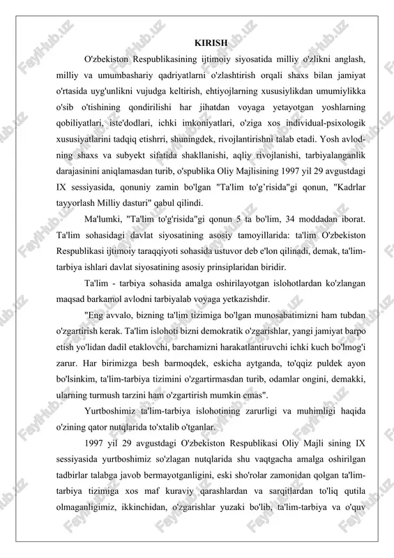 mligi haqida o'zining qator nutqlarida to'xtalib o'tganlar. 1997 yil 29 avgustdagi o'zbekiston respublikasi oliy majli sining ix sessiyasida yurtboshimiz so'zlagan nutqlarida shu vaqtgacha amalga oshirilgan tadbirlar talabga javob bermayotganligini, eski sho'rolar zamonidan qolgan ta'lim-tarbiya tizimiga xos maf kuraviy qarashlardan va sarqitlardan to'liq qutila olmaganligimiz, ikkinchidan, o'zgarishlar yuzaki bo'lib, ta'lim-tarbiya va o'quv jarayonlarining tarkibini, bosqislarini bir-biri bilan uzviy bog'lash, ya'ni uzluksiz ta'lim-tarbiya tizimini tashkil qilish muammolarini yechib bermaganligi, uchinchidan, bizning amaldagi ta'lim-tarbiya tizimimiz bugungi zamonaviy, taraqqiy topgan demokratik davlatlar talablariga javob bera oimasligi... kabilar ham bu islohotni zarurligini ko'rsatdi. shu munosabat bilan yurtboshimiz "barkamol avlod — o'zbeklston taraqqiyotining poydevori" mavzusida so'zlagan nutqida ta'lim-tarbiya tizimida islohotlar o'tkazish zarurati va omillarini asoslab berdilar. hozirgi kunda respublikamizda barcha ta’lim sohalariga kata e’tibor berilmoqda. xususan kimyo sanoati va ushbu fanni o’qitish jadal suratlar bilan rivojlantirilmoqda. ta’lim jarayonida fanni so’nggi pedagogik texnalogiyalar asosida tashkil qilish va labaratoriyalarda bajarish yaxshi natija beradi. ushbu kurs ishini o’rganish mobaynida …