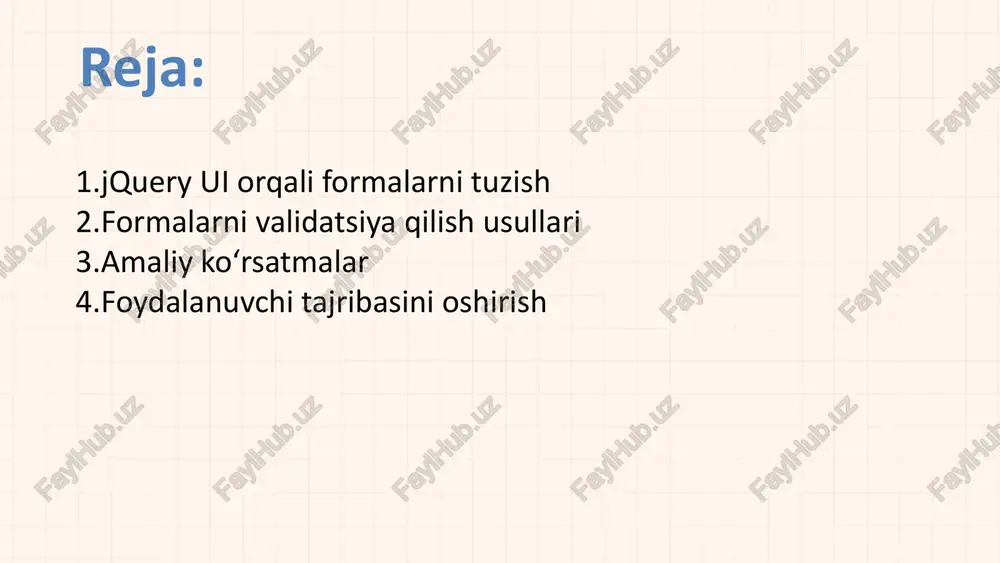 elementlariga animatsiyalar, uslublar va foydalanuvchiga qulay o‘zgarishlar qo‘shiladi. masalan, forma maydonlarini fokuslanganda yoritish, bosganda animatsiyali o‘zgarishlar qo‘shish mumkin. 4. temalar va stil jquery ui o‘zining themeroller xizmati orqali forma komponentlarini o‘z dizayningizga moslab bezatishga imkon beradi. formalarni validatsiya qilish usullari formalarni yaratishda foydalanuvchi kiritgan ma’lumotlarning to‘g‘ri va kerakli shaklda bo‘lishini ta’minlash juda muhim. aks holda, noto‘g‘ri yoki yetarli bo‘lmagan ma’lumotlar tizimda xatolarga olib kelishi mumkin. validatsiya – bu forma orqali kiritilgan ma’lumotlarni tekshirish jarayonidir. 1. jquery validation plugin’dan foydalanish jquery ui o‘zida validatsiya funksiyalarini to‘liq o‘z ichiga olmasa-da, jquery validation plugin bilan birga ishlatilganda kuchli kombinatsiya hosil qiladi. ushbu plagin orqali quyidagi validatsiyalarni bajarish mumkin: majburiy maydonlar (required) minimal va maksimal uzunlik (minlength, maxlength) email manzillar (email) telefon raqamlari, raqamli qiymatlar (number) parollarni tasdiqlash (equalto) 2. real-time (jonli) validatsiya validatsiyani foydalanuvchi yozgan zahoti tekshirish mumkin. bu esa foydalanuvchi xatolarni vaqtida ko‘rib tuzatishiga yordam beradi. amaliy ko‘rsatmalar 1. kontakt formasini yaratish …