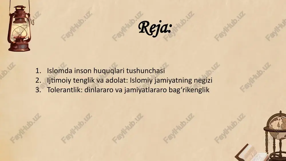 ilinadi. islom inson huquqlarini faqat huquq sifatida emas, balki javobgarlik bilan uyg‘unlikda qaraydi. qur’on va sunnatda inson qadri va sha’ni islom dinining asosiy manbalari — qur’on va sunnat insonni yuksak martabaga ega mavjudot sifatida ta’riflaydi. qur’oni karimda alloh insonni “eng go‘zal suratda yaratdim” (tiin surasi, 4-oyat) deb bildiradi. bu oyat insonning sha’nini, daxlsizligini va tabiiy huquqlarini islomiy e’tiqod asosida mustahkamlaydi. shuningdek, payg‘ambar muhammad (s.a.v.) o‘z hadislarida insonlar o‘rtasida irq, rang, nasab yoki til asosida farq yo‘qligini ko‘p bora ta’kidlaganlar. misol uchun, u zot “arabning ajam ustidan, ajamning arab ustidan ustunligi yo‘q, faqat taqvo bilan” deganlar. bu esa, tenglik tamoyiliga asoslangan huquqiy munosabatlar zarurligini ko‘rsatadi. asosiy inson huquqlari: hayot, erkinlik, mulk va e’tiqod islom har bir insonni hayot huquqiga ega deb e’tirof etadi. qur’onda “kim bir jonni o‘ldirsa, u butun insoniyatni o‘ldirgandek bo‘ladi” (moida surasi, 32-oyat) degan ilohiy buyruq bu huquqning muqaddasligini ko‘rsatadi. hayotga tajovuz qilish faqat jinoyat yoki zo‘ravonlik hollari …