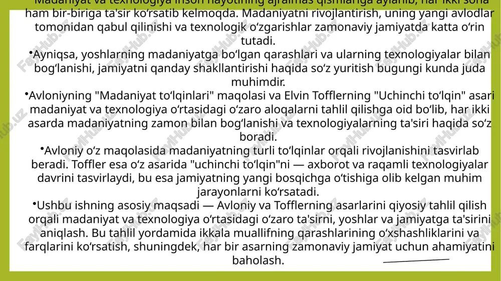 . uning ta'kidlashicha, madaniyatning rivojlanishi jamiyatning o‘zgaruvchan ehtiyojlari va intilishlari bilan chambarchas bog‘liq. har bir madaniyat to‘lqini o‘z zamonasiga mos o‘ziga xoslik va rivojlanish xususiyatlariga ega. madaniyat to‘lqinlari avloniy jamiyatning rivojlanish jarayonida uchraydigan madaniyat to‘lqinlarini tahlil qiladi: birlamchi to‘lqin: odamlarning asosiy ehtiyojlarini qondirishga qaratilgan oddiy hayot tarzi. bu davrda texnologiya va ilm-fan uncha rivojlanmagan. ikkinchi to‘lqin: ilm-fan va texnologiyaning rivojlanishi, jamiyatda madaniy taraqqiyotning tezlashuvi. bu bosqichda ta'lim va ma'rifatning ahamiyati oshadi. uchinchi to‘lqin: madaniyatning globallashuvi, ya'ni milliy madaniyatlarning bir-biriga yaqinlashishi va yangicha shakllanishi. avloniyning "madaniyat to‘lqinlari" maqolasining mazmuni yoshlarning madaniyatdagi o‘rni avloniy yoshlarni madaniyat rivojlanishining asosiy kuchi deb biladi. u yoshlarga ta'lim va ma'rifat orqali madaniy qadriyatlarni singdirish zarurligini ta'kidlaydi. yosh avlod madaniyatni boyituvchi va uni kelajak avlodlarga yetkazuvchi muhim vositadir. madaniyatning ijobiy va salbiy ta'siri avloniy madaniyatning ijobiy va salbiy tomonlarini tahlil qiladi. ijobiy tomonlari sifatida jamiyatni yuksaltiruvchi kuch, inson ma'naviyati va axloqining rivojlanishini ko‘rsatadi. salbiy tomonlar esa noto‘g‘ri …
