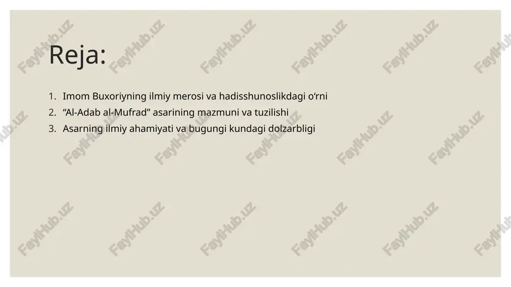 bor edi. o‘n olti yoshida onasi va akasi bilan haj safariga boradi va u yerdan ilm olish niyatida uzoq muddatgacha makka va madinada qoladi. bu davrda u ko‘plab mashhur muhaddislar bilan uchrashadi, yuz minglab hadislarni yod oladi va o‘zining mustahkam ilmiy poydevorini quradi. uning ilmga bo‘lgan muhabbati va hadislar to‘plashdagi g‘ayrati uni islom olamida tanitadi. yoshligidan zakovatli, kuchli xotirali va halol e’tiqodli bo‘lgan imom buxoriy islom ilm-fanining porloq yulduzlaridan biriga aylanadi. “al-adab al-mufrad” asarining mazmuni va tuzilishi “al-adab al-mufrad” — imom buxoriy tomonidan tuzilgan axloqiy-ma’naviy hadislar to‘plamidir. asarning nomi arab tilidan tarjima qilinganda “yagona axloq to‘plami” degan ma’noni anglatadi. bu kitobda payg‘ambarimiz muhammad (s.a.v.)dan rivoyat qilingan axloqqa oid hadislar to‘plangan bo‘lib, u odob, muomala madaniyati, insonlar o‘rtasidagi ijtimoiy munosabatlar haqida batafsil ma’lumot beradi. asarda hadislar tematik boblarga ajratilgan: ota-ona haqqi, qo‘shnichilik, bolalar tarbiyasi, mehmondo‘stlik, sabr, halollik, duo, kasallik holatlaridagi odob, salomlashish va boshqa ijtimoiy mavzular. har bir bobda bir necha …
