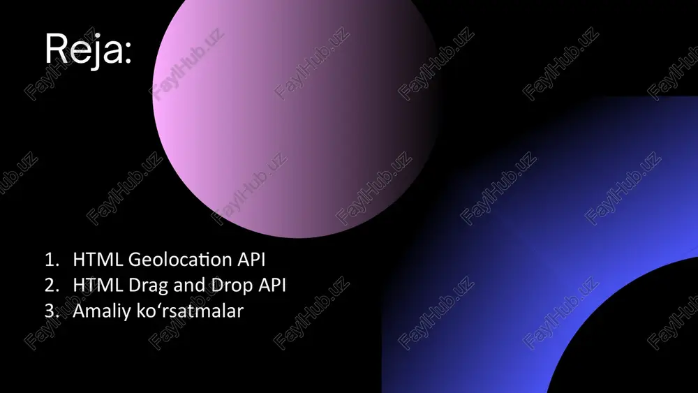 sudrab yuklash rasm yoki bloklarni joyini o‘zgartirish interaktiv ta’limiy ilovalarda qo‘llash amaliy ko‘rsatmalar 1. geolocation api misoli – joylashuvni ko‘rsatish maqsad: foydalanuvchining joylashuv koordinatalarini aniqlash va xaritada ko‘rsatish. 2. drag and drop api misoli – blokni sudrab joylashtirish maqsad: elementni bir joydan ikkinchi joyga sudrab tashlash. html5 ning javascript api’lari – geolocation va drag and drop – zamonaviy veb-ilovalarda foydalanuvchi bilan jonli va interaktiv aloqani tashkil qilish uchun muhim vositalardir. geolocation api foydalanuvchining joylashuvini aniqlash orqali xarita bilan ishlovchi servislarni yaratishga yordam beradi. drag and drop esa elementlarni sahifada qulay tarzda joylashtirish, sudrash, yuklash imkoniyatlarini beradi. ushbu api’lardan samarali foydalanish, foydalanuvchi tajribasini sezilarli darajada oshiradi va veb-sayt funksionalligini kuchaytiradi. foydalanilgan adabiyotlar mdn web docs – geolocation api va drag and drop api bo‘yicha rasmiy hujjatlar: https://developer.mozilla.org w3schools html5 api qo‘llanmalari – geolocation va drag and drop bo‘yicha amaliy misollar: https://www.w3schools.com/html/html5_geolocation.asp https://www.w3schools.com/html/html5_draganddrop.asp duckett, jon. html va css: sayt yaratish va dizayni …