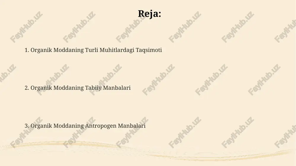 % gacha hujayra devori tarkibiga kiruvchi sellyuloza va lignin kabi murakkab uglevodlardan iborat boʻlib, ularning parchalanishi tuproq unumdorligini oshiradi. atmosfera choʻkindi mannbalari atmosfera choʻkindi jinslarining organik modda tarkibining oʻrtacha koʻrsatkichi 0.5% atrofida boʻlsa-da, ayrim qatlamlarda bu koʻrsatkich 10% dan ham yuqori boʻlishi mumkin. atmosfera choʻkindi jinslarida organik moddaning 1-5% gacha boʻlgan qismi oʻsimlik qoldiqlarining parchalanishi mahsulotlaridan iborat boʻlib, ularda hulos karbonatlar va kerogenning miqdori yuqori. atmosfera choʻkindi jinslaridagi organik modda tarkibida 10-30% gacha lipidlar, shu jumladan alkogol va yogʻ kislotalari kabi birikmalar mavjud boʻlishi mumkin. tuproq organik moddasining manbalari mikrobial biomassa tuproq organik moddasining 5-10% ni tashkil etadi va u organik moddalarning parchalanishi va mineralizatsiyasi jarayonlarida muhim rol o'ynaydi, tuproq tuzilmasini yaxshilaydi. hayvonlarning chiqindilari, jumladan, go'ng va siydik, tuproqqa muhim ozuqa moddalarini, xususan, azot (n) va fosfor (p)ni qo'shadi, bu esa tuproq unumdorligini 15-20% ga oshirishi mumkin. tuproq organik moddasining 30% gacha qismi o'simlik qoldiqlaridan, ya'ni ildizlar, poyalar va barglardan …
