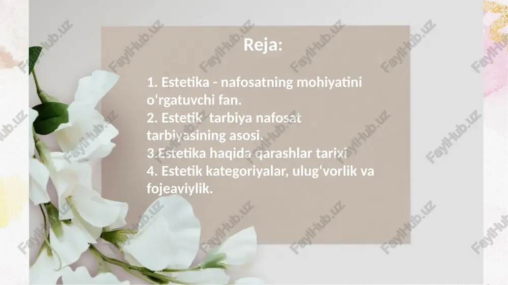 ega. ijtimoiy fanlarning tarbiya jarayonidan ko‘zlaydigan maqsadi – muqaddas qadriyatlarimiz, yuksak ma’naviyatimiz, buyuk tariximiz va umumbashariy taraqiyot yo‘limizning asosi bo‘lgan ma’naviy tarbiyani qaror toptirishga bog‘liqdir.islom karimovning “biz xalqimizning dunyoda hech kimdan kam bo‘lmasligi, farzandlarimizning bizdan ko‘ra kuchli, bilimli, dono va albatta baxtli bo‘lib yashashshi uchun bor kuch va imkoniyatlarimizni safarbar etayotgan ekanmiz, bu borada ma’naviy tarbiya masalasi, hech shubhasiz, beqiyos ahamiyat kasb etadi"degan soʻzlarini misol qilish mumkin. san’at estetikaning tadqiqot ob’ekti sifatida o‘ziga xos olam. unda estetik xususiyatlar bo‘rtib ko‘zga tashlanadi. shunga ko‘ra, uni nafosatga burkangan ijtimoiy hodisa deyish mumkin. san’at hayotni in’ikos ettirar ekan, insonning o‘zini o‘ziga ko‘rsatuvchi ulkan ko‘zgu vazifasini o‘taydi. u insonni o‘rgatadi, da’vat etadi, go‘zallashtiradi. bu vazifalarni bajarishda estetika san'atning ko‘makchisi, yetakchisi hisoblanadi. estetik tarbiya – jamiyatda ma’naviy muhitni paydo qilishga ko’mak beruvchi muhim unsur bo’lib, u inson didini shakllantiruvchi, rivojlantiruvchi hamda ana shu orqali insonni jamiyat munosabatlariga yaqinlashtiruvchi kuchdir.estetik tarbiyaning asosiy vositalari tarkibiga- san’at, informatsion …
