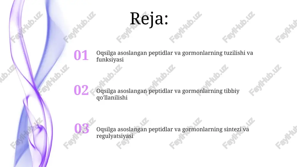 uhim rol o'ynaydi, yurak-qon tomir kasalliklari xavfini 20% gacha kamaytiradi. o'sish gormoni defitsitini bartaraf etishda sintetik o'sish gormonlari, somatropin kabi peptid gormonlar, bolalarda bo'y o'sishi va kattalardagi metabolik jarayonlarni yaxshilashda qo'llaniladi. peptidlarning tuzilishi va xususiyatlari ba'zi peptidlar biologik faol moddalar bo'lib, gormonlar, neyrotransmitterlar yoki ferment inhibitorlari vazifasini bajarishi mumkin, ularning molekulyar og'irligi 500 dan 10000 daltongacha o'zgarib turadi. peptidlarning xususiyatlari ularning aminokislota tarkibi, zanjir uzunligi va fazoviy tuzilishiga bog'liq bo'lib, gidrofob, gidrofil yoki amfoter xususiyatlarga ega bo'lishlari mumkin. peptidlar va gormonlarning klinik ahamiyati peptid va gormonlarning 100 dan ortiq turli kasalliklarni, jumladan, diabet, gipotireoz va o'smalarni davolashda muhim klinik ahamiyati bor. gormonlar almashinuvi buzilishi, masalan, gipofiz bezining yetishmovchiligi, reproduktiv salomatlikning buzilishiga, ayniqsa, 20-40 yosh oralig'ida bo'lgan ayollarda tug'ish qobiliyatining pasayishiga olib kelishi mumkin. peptidlar va gormonlarning transport mexanizmlari ba'zi peptid gormonlar, ayniqsa, lipidlarga boy muhitda eruvchan bo'lmaganlar, qon oqimida maxsus oqsillar, masalan, albumin bilan bog'lanib transport qilinadi. gipotalamik gormonlarning ko'pchiligi, …