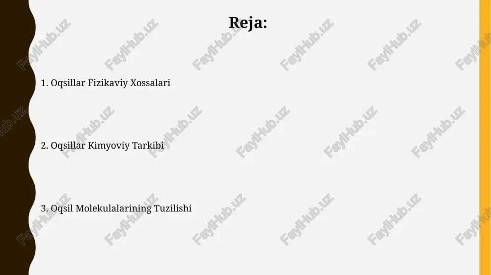 linga 51 aminokislota kiradi. oqsillar 4 ta tuzilish darajasiga ega: birlamchi, ikkilamchi, uchlamchi va to'rtlamchi, ular peptid bog'lanishlari va turli xil kuchlar orqali hosil bo'ladi. oqsillarni xromatografiya usuli bilan o'rganish ion almashinuvi xromatografiyasi orqali oqsillarni zaryadlari asosida ajratish, ph 7 da isoelektrik nuqtasiga yaqin bo'lgan oqsillarni samarali ajratish imkonini beradi va aniqlash uchun spektrofotometriya yordamida o'lchanadi. oqsillarni hplc (yuqori samarali suyuqlik xromatografiyasi) yordamida ajratish va aniqlash, ularning molekulyar massasi va gidrofobik xususiyatlariga qarab, 10-100 kda oralig'ida bo'lgan fraksiyalarga bo'linishini ta'minlaydi. oqsillar va ph ning o'zaro ta'siri oqsilning izoelektrik nuqtasi (pi) uning aminokislotalar tarkibiga bog'liq bo'lib, bu nuqtada oqsilning umumiy zaryadi nolga teng va oqsilning eruvchanligi minimal darajada bo'ladi. oqsillar ph 7 atrofida, ya'ni neytral muhitda eng barqaror holatda bo'ladi, chunki ionlashgan aminokislotalar zanjirlari orasidagi elektrostatik o'zaro ta'sirlar optimal darajada bo'ladi. oqsillarni renaturatsiyasi chaperon oqsillari renaturatsiya jarayonida muhim rol o'ynab, oqsil molekulalarining noto'g'ri katlanishini oldini olib, to'g'ri katlanishini ta'minlaydi va 80% …
