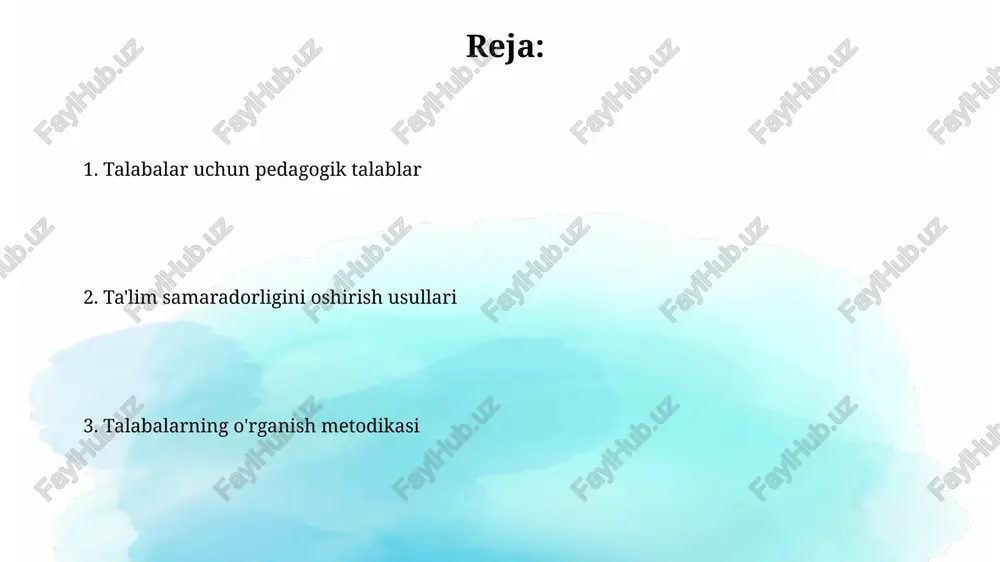 tiq vaqt interaktiv usullar, masalan, loyihalar, muammolarni yechish va hamkorlikka asoslangan o'rganishga ajratilishi kerak. o'quv jarayonining samaradorligini oshirish uchun har bir 15 o'quvchiga 1 ta pedagogik yordamchi (mentor yoki assistent) taqsimlash foydalidir. faol va interaktiv o'quv usullarini qo'llash interaktiv o'quv vositalari, jumladan, simulyatorlar va onlayn platformalar, talabalarning 90% gacha bilishni o'zlashtirish darajasini oshiradi va motivatsiyani kuchaytiradi. faol o'quv usullarini qo'llash, masalan, guruhlarda ishlash (3-5 kishilik guruhlar), talabalarning 70% dan ortig'ini faol ishtirok etishini ta'minlaydi va bilimlarni mustahkamlashga yordam beradi. baholash va natijalarni tahlil qilish o'quvchilarning 70% dan ortig'i ma'lum bir mavzu bo'yicha past ball olgan bo'lsa, o'quv jarayonida o'quv materialini takrorlash yoki tushuntirish uslubini o'zgartirish kerak. natijalarni tahlil qilishda, o'quvchilarning individual farqlarini hisobga olib, ularning kuchli va kuchsiz tomonlarini aniqlash va ta'lim strategiyalarini moslashtirish muhimdir. e'tiboringiz uchun rahmat @taqdimot_robot image2.jpg image3.jpg image4.jpg image5.jpg image6.jpg image7.jpg image8.jpg image1.png