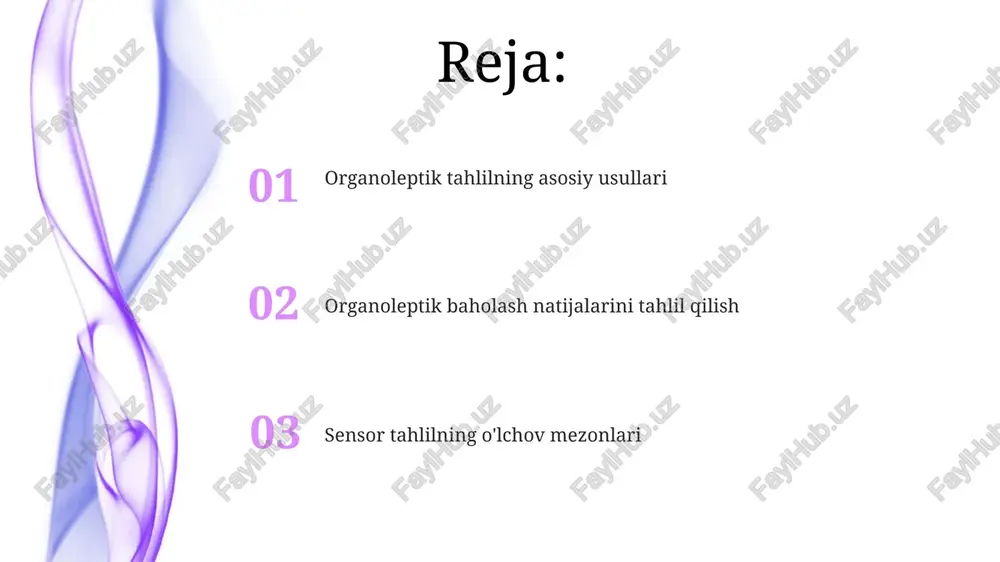 retseptorlarining sezgirligi individual farq qilishi mumkin, shuning uchun ta'm tahlili natijalari kamida 5-7 nafar tajribali panelistning o'rtacha ko'rsatkichlari asosida hisoblab chiqiladi. turli mahsulotlarda ta'm intensivligini aniqlash uchun standartlashtirilgan ta'm paneli va tekshiruv protokollari qo'llaniladi, bu natijalarni ob'ektivlashtirishga yordam beradi. sensor tahlilning asosiy turlari sensor tahlilining asosiy turlaridan biri – vizual tahlil boʻlib, u mahsulotning rangini, shaklini, toʻqimasini va boshqa 5 ta koʻrsatkichni aniqlashda ishlatiladi. hidi va taʼmi aniqlash uchun 3 ta asosiy sensor tahlil usuli mavjud: burun orqali hidlash, til yordamida taʼmni aniqlash va retro-nazal hidlash. organoleptik tahlilning afzalliklari va kamchiliklari organoleptik tahlil murakkab asbob-uskunalarni talab qilmaydi, ammo natijalarni takrorlanishi chegaralangan va standartlashtirish qiyinchiliklar tug'dirishi mumkin, bu esa 10% gacha xatolikka olib kelishi mumkin. organoleptik tahlil arzon va sodda usul bo'lib, 5-10 ta namunani bir vaqtning o'zida baholash imkonini beradi, ammo subyektivlik va tahlilchi tajribasiga bog'liqlik kabi kamchiliklari mavjud. organoleptik tahlilning ta'rifi va ahamiyati organoleptik tahlil natijalari, 90% dan ortiq …