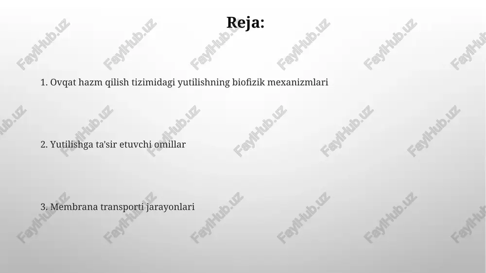hilari hujayra ichiga o'tadi, bu esa pinositoz yoki fagositoz orqali amalga oshiriladi. endotsitoz va ekzotsitoz jarayonlari ion kanallari, transmembran oqsillar va atpase fermentlari kabi 20 dan ortiq turdagi oqsillar yordamida tartibga solinadi, bu energiya sarfini talab qiladi. suv va elektrolitlarning so'rilishi suvning so'rilishi asosan ingichka ichakda, jumladan jejunum va ileumda, osmotik gradient va na⁺-bog'liq transport mexanizmlari orqali amalga oshadi, kuniga 8-9 litr suv so'riladi. elektrolitlarning, masalan, na⁺, k⁺, cl⁻, so'rilishi transsellulyar va parasellyulyar yo'llar orqali amalga oshadi, bu jarayonlar ion kanallari va tashuvchilar orqali tartiblanadi. aktiv transport mexanizmlari b12 vitamini ifloslangan omil (intrinsic factor) yordamida aktiv transport orqali ichak devoridan o'tadi, bu murakkab jarayon o'ziga xos retseptorlarni jalb qiladi. aktiv transportda glyukoza va natriy ionlari (na+) birgalikda o'tkaziladi, bu jarayonda 1 ta glyukoza molekulasi uchun 2 ta na+ ioni sarflanadi. e'tiboringiz uchun rahmat @taqdimot_robot image3.png image4.jpg image5.jpg image6.jpg image7.jpg image8.jpg image9.jpg image10.jpg image1.png
