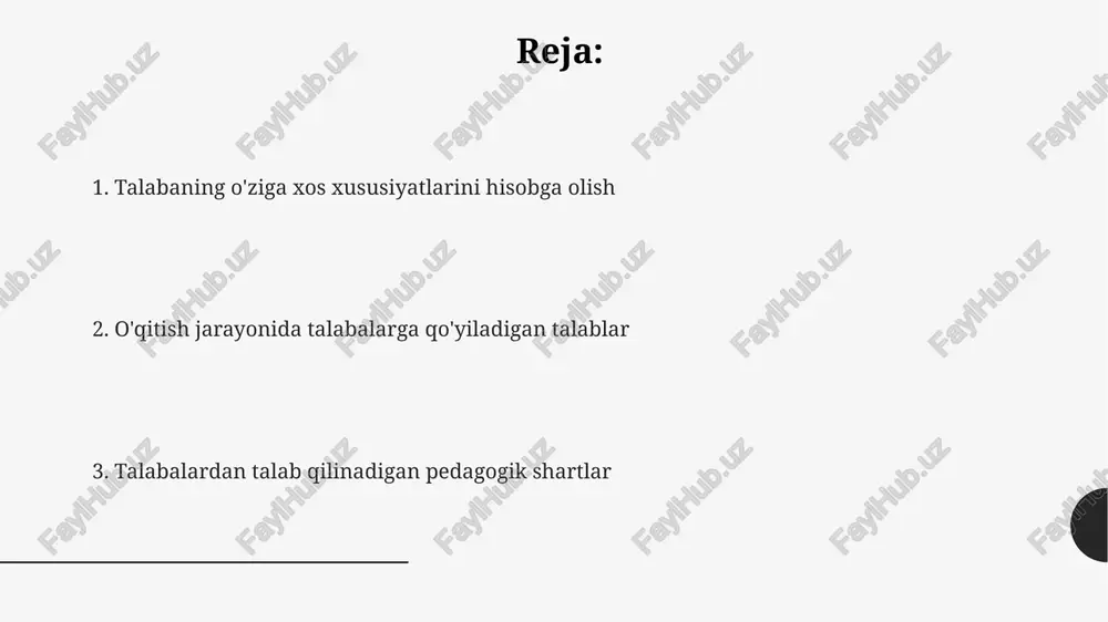 hissiyotini shakllantirishda 3 ta asosiy omil: oilaviy tarbiya, maktab muhiti va tengdoshlar ta'siri, ularning har biri kamida 20% hissa qo'shadi. talabalardan talab qilinadigan pedagogik bilim va ko'nikmalar samarali guruh ishlarida ishtirok etish uchun talabalar 2-3 kishidan iborat jamoalarda o'zaro hamkorlik qilish, fikr almashish va mas'uliyatni taqsimlash kabi 4 ta asosiy ko'nikmani rivojlantirishlari shart. muvaffaqiyatli o'qish uchun talabalar 5 ta asosiy o'qish uslubini – tahliliy, sintezlovchi, amaliy, ijodiy va tanqidiy tahlilni – egallab, ularni turli fanlarda qo'llashni o'rganishlari zarur. talabalar o'z-o'zini boshqarish ko'nikmalarini rivojlantirish uchun kamida 3 xil o'rganish strategiyasini qo'llashni va ularning samaradorligini baholashni o'rganishlari kerak. mustaqil o'rganish va tadqiqot qilish qobiliyatlari tadqiqot ishlarini bajarishda talabalar 5 bosqichli tadqiqot jarayonini (mavzu tanlash, adabiyotlarni o'rganish, ma'lumotlar yig'ish, tahlil va natijalarni taqdim etish) tushunishi va qo'llashi zarur. muvaffaqiyatli mustaqil o'rganish va tadqiqot uchun talabalar o'z-o'zini boshqarish, vaqtni samarali rejalashtirish va kamida 80% topshiriqlarni o'z vaqtida bajarish ko'nikmalarini rivojlantirishi lozim. mustaqil o'rganishda talabalar …
