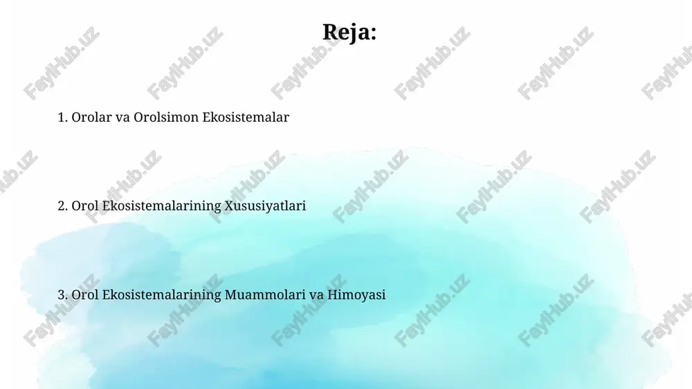 qin aholi punktlarida ekologik toza energiya manbalaridan foydalanish darajasini 20% ga oshirish maqsad qilinmoqda. oroli ekosistemalarining o'ziga xos xususiyatlari oroli ekosistemalarining endemik turlarining yuqori darajada bo'lishi, ya'ni 50% gacha endemik o'simlik va hayvon turlarining mavjudligi bilan tavsiflanadi. orolning maydoniga bog'liq holda, turlicha biotik va abiotik omillar ta'siri ostida 1 dan 5 gacha ekologik zona shakllanishi mumkin. orollarning muhofazasi orollarning chegaralangan maydoni va yuqori zichlikdagi populyatsiyalar ularni tabiiy ofatlarga va inson faoliyatiga osonlikcha ta’sirchan qiladi, shuning uchun muhofaza choralarining samaradorligi 90% dan yuqori boʻlishi kerak. orollarning noyob oʻsimlik va hayvon turlarining 70% gacha endemik boʻlishi ularning muhofazasini global bioxilma-xillik strategiyasining muhim qismi qiladi. orollar va orollarga o'xshash ekosistemalar ta'rifi orollar va orollarga o'xshash ekosistemalar geografik jihatdan izolyatsiyalangan hududlar bo'lib, biologik xilma-xillikni saqlashda muhim rol o'ynaydi, o'simlik va hayvon turlarining endemizm darajasi 30% dan yuqori bo'lishi mumkin. ushbu ekosistemalar chegaralangan resurslarga ega bo'lib, masalan, 1 kvadrat kilometr maydonda 100 ga yaqin tur …