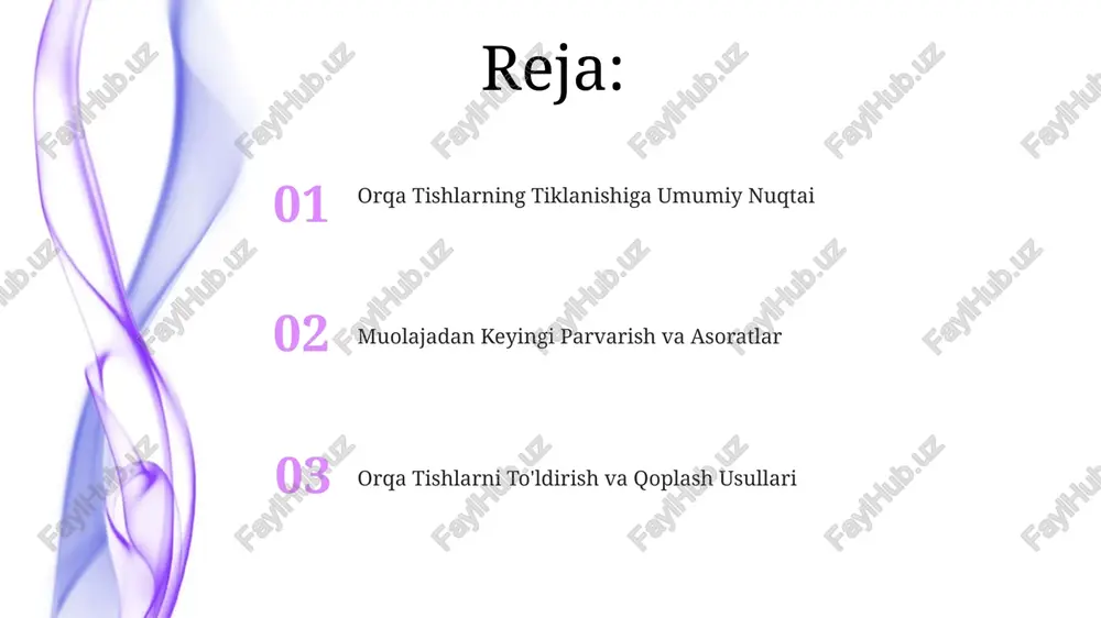shiruv, shu jumladan periapikal va bitewing rentgenogrammalari, pulpa holatini, apikal patologiyalarni, karies chuqurligini va yaqin atrofdagi to'qimalarning holatini aniqlash uchun zarurdir. orqa tishlarni tiklashga kirish krupniy defektlarni tiklashda, ayniqsa, 3 va undan ortiq yuzalari zararlangan tishlarda, inleylar yoki onleylardan foydalanish funktsionallik va estetikani ta'minlashda samaralidir. orqa tishlarni tiklashda 7-10 yilgacha xizmat qiladigan kompozit materiallardan foydalanish samaradorligi yuqori, ammo bunday materiallarni qo'llashda yuqori aniqlik va texnik malaka talab etiladi. kariesning oldini olish va davolash yosh bolalarda kariesning oldini olish uchun muhim omil – bu shifokor tavsiyasi bilan 6 oyda bir marta profilaktika tekshiruvidan o'tish va fissurlarni germetizatsiya qilish. kariesning dastlabki bosqichlarda remineralizatsiya terapiyasi bilan davolanishi mumkin, bu esa teshik hosil bo'lishini oldini oladi va tishning mustahkamligini tiklaydi. reatsiyalarni boshqarish va asoratlar pulpitning yallig'lanishi (pulpit) 10-15% hollarda kuzatiladi va bu og'riq, shish va cheklangan og'iz ochish bilan namoyon bo'ladi, bundan oldini olish uchun adekvat anesteziya va kavitatsiyani to'g'ri tayyorlash muhim. orqa tishlarning …