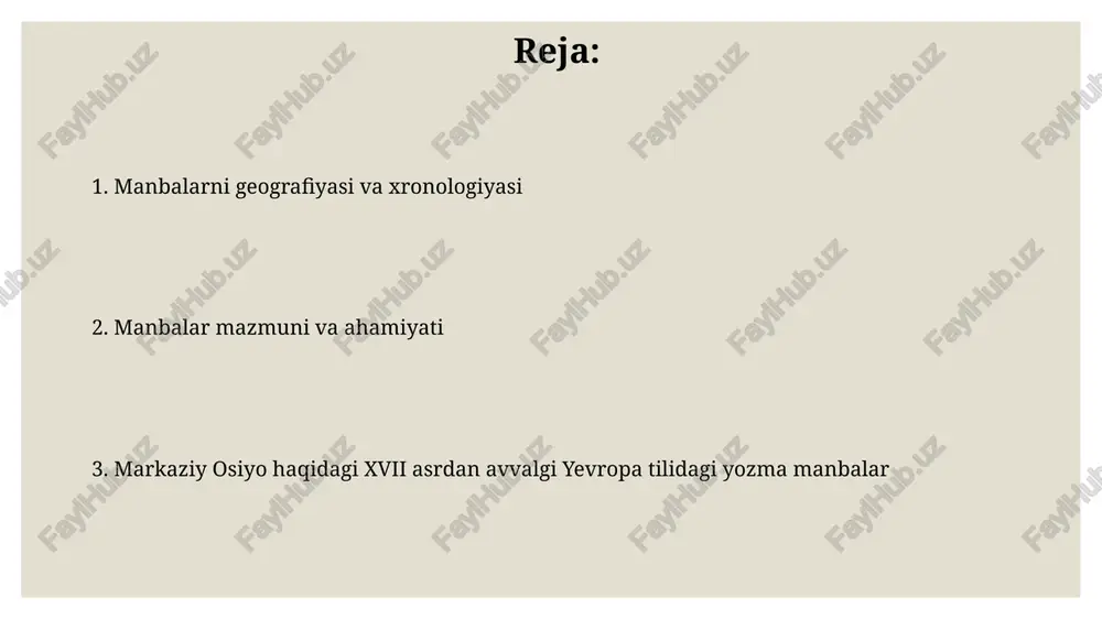 g yozuvlari ushbu manbalarda zikr etilgan tovarlarning 80% dan ortig'i ipak, yong'oq, zanjabil va boshqa qimmatbaho mahsulotlar bo'lib, ularning narxlari va savdo hajmlari haqida ma'lumotlar keltirilgan. xvi asrda venetsiya va genuya savdogarlarining markaziy osiyoga sayohatlari haqidagi yozma manbalarda kamida 50 tadan ortiq savdo yo'llari va shaharlar, jumladan, samarqand va buxoro ta'riflangan. manbalarni tahlil qilish va ularning ahamiyati xvi asrga oid diplomatik hujjatlar va savdo yozuvlari, 50 dan ortiq turli tilga tarjima qilingan, markaziy osiyo mintaqasidagi savdo yo'llarining ahamiyatini va mintaqalararo munosabatlarning murakkabligini ko'rsatadi. marco polo kabi sayyohlarning yozuvlari geografik ma'lumotlarni, iqtisodiyot va madaniyat haqida qimmatli ma'lumotlarni, 20 dan ortiq shaharlarning tavsiflarini taqdim etadi, mintaqaning boy tarixini ochib beradi. qadimgi yunon va rim manbalari rim tarixchisi ammianus marcellinusning iv asrga oid yozuvlarida, efemeral qabilalar va hunlarning harbiy yurishlari, shu jumladan, 370 yillardagi markaziy osiyo hududlariga bo‘lgan ta’siri haqida batafsil ma’lumotlar keltirilgan. qadimgi yunon geograflarining yozuvlarida, masalan, ptolemeyning “geographia” asarida, milodiy ii …