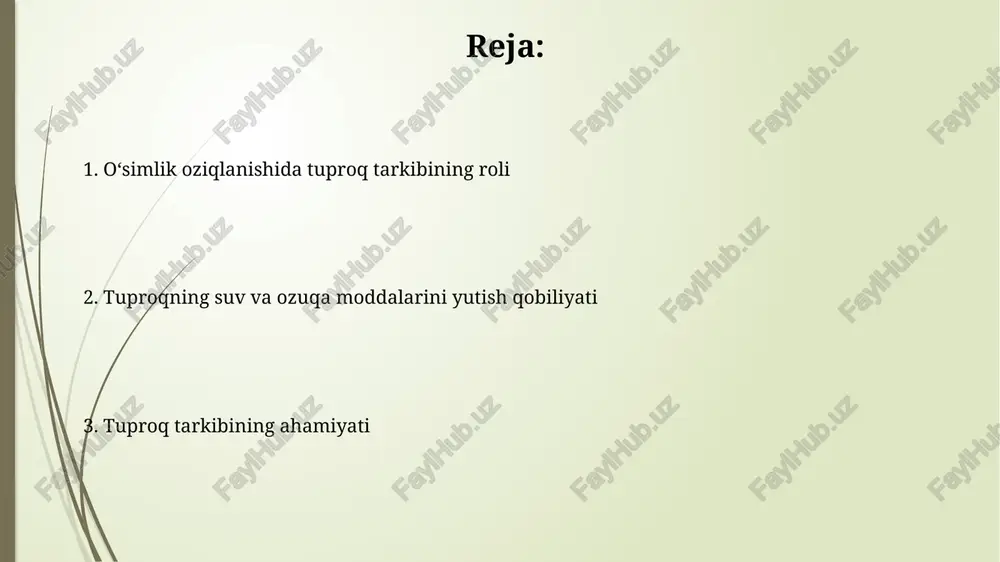 jasi 6-7 oralig'ida bo'lganda, ko'plab ozuqa moddalari o'simliklar uchun eng yaxshi darajada eriydi va o'zlashtiriladi, bu esa hosildorlikni oshiradi. tuproqning mineral tarkibi, xususan, 15 dan ortiq mikro va makro elementlarning nisbati, o'simliklarning to'liq o'sishi va rivojlanishi uchun juda muhimdir. tuproqning tuzilishi va uning ahamiyati organik moddalarning miqdori (1-5% oralig'ida) tuproqning tuzilishi va suvni ushlab turish qobiliyatini belgilaydi; yuqori organik moddalar tuproqning unumdorligini oshiradi va o'simliklarning o'sishini tezlashtiradi. tuproqning mexanik tarkibi (qum, gil, loy) o'simliklarning ozuqa moddalarini o'zlashtirish qobiliyatiga ta'sir qiladi; masalan, qumli tuproqlar suvni yaxshi o'tkazadi, ammo ozuqa moddalarini ushlab turmaydi. tuproqni muhofaza qilish usullari kimyoviy o'g'itlarni oqilona ishlatish, ya'ni 1 gektar maydonga 100-150 kg dan oshmasligi, tuproqning tuzlanishini oldini olib, uning sog'lomligini saqlashga yordam beradi. tuproq unumdorligini oshirish uchun organik o'g'itlarni, masalan, kompost va go'ngni yillik 5-10 tonna miqdorida qo'llash tuproqning tuzilishi va suv singdirish qobiliyatini yaxshilaydi. tuproqning organik moddasi tuproq organik moddasining parchalanishi natijasida hosil bo'lgan gumus, o'simliklar …